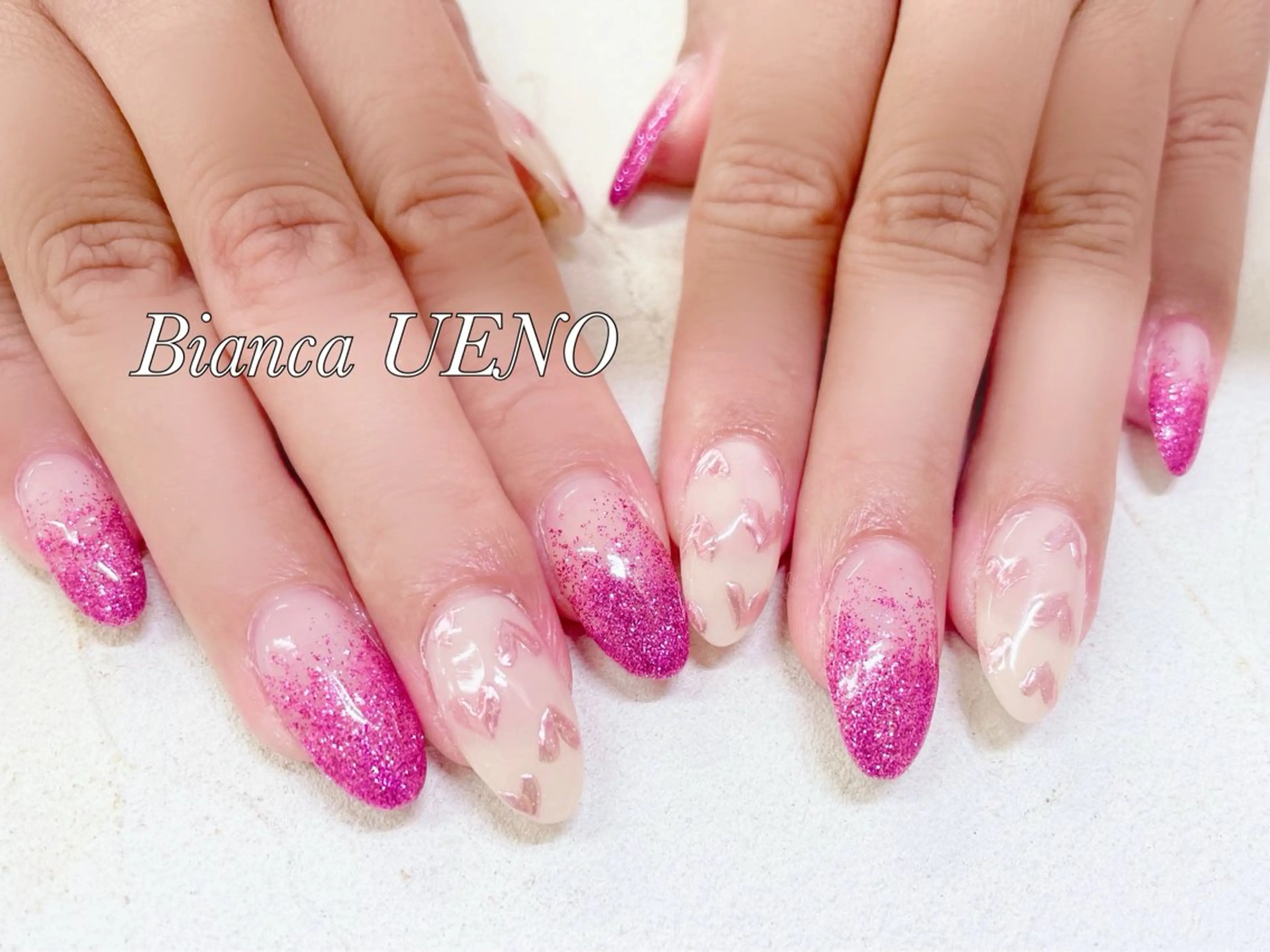 ネイル ハート ラメ(グリッター) ラメグラデーション ミラーネイル 持ち込み ハンドネイル ビアンカ金町店 中島　せり菜のネイルデザイン