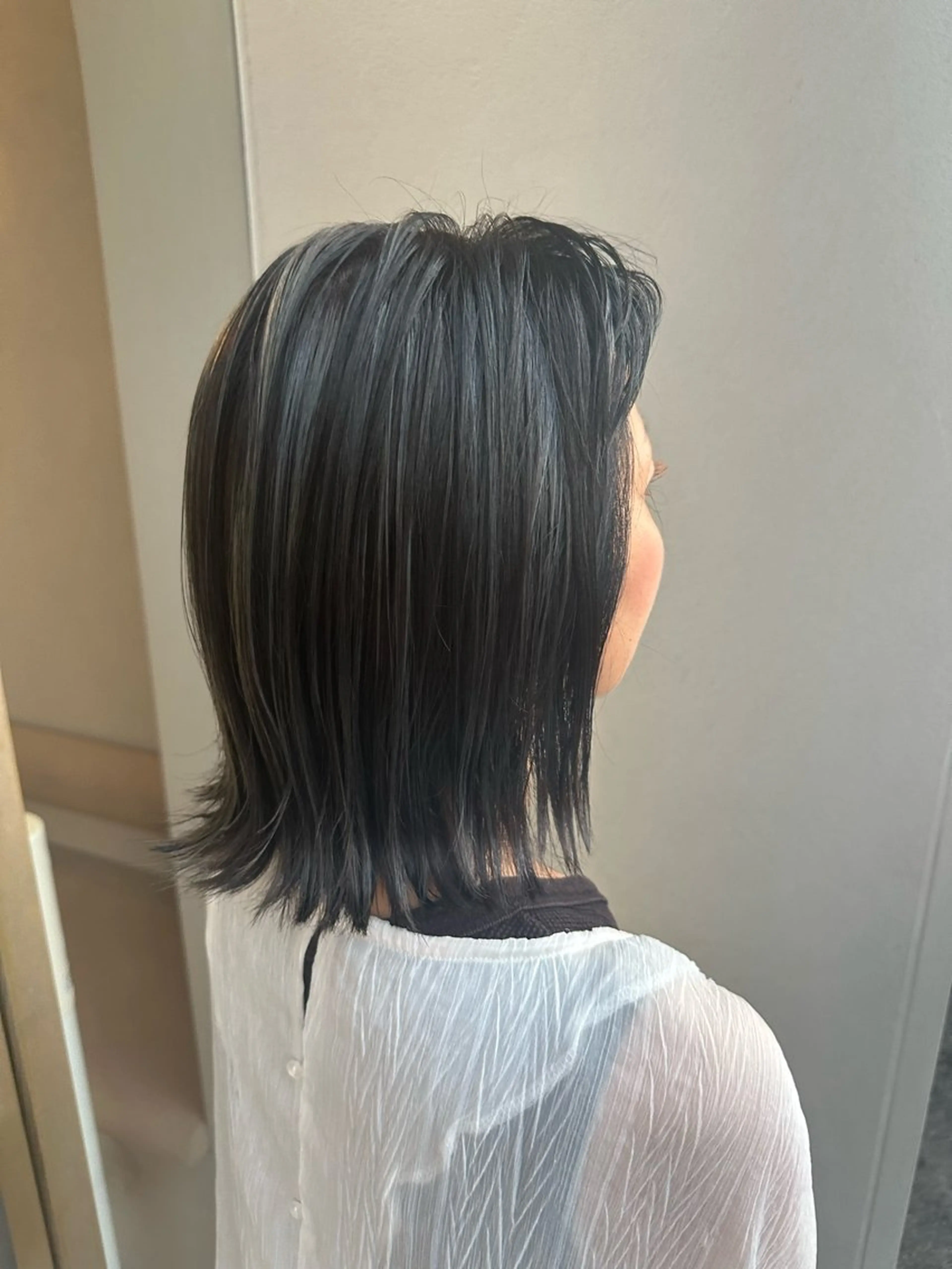 カラー 黒髪 ブルーカラー ブルーブラック ハイライトカラー シルバー 内田 成美のヘアスタイル