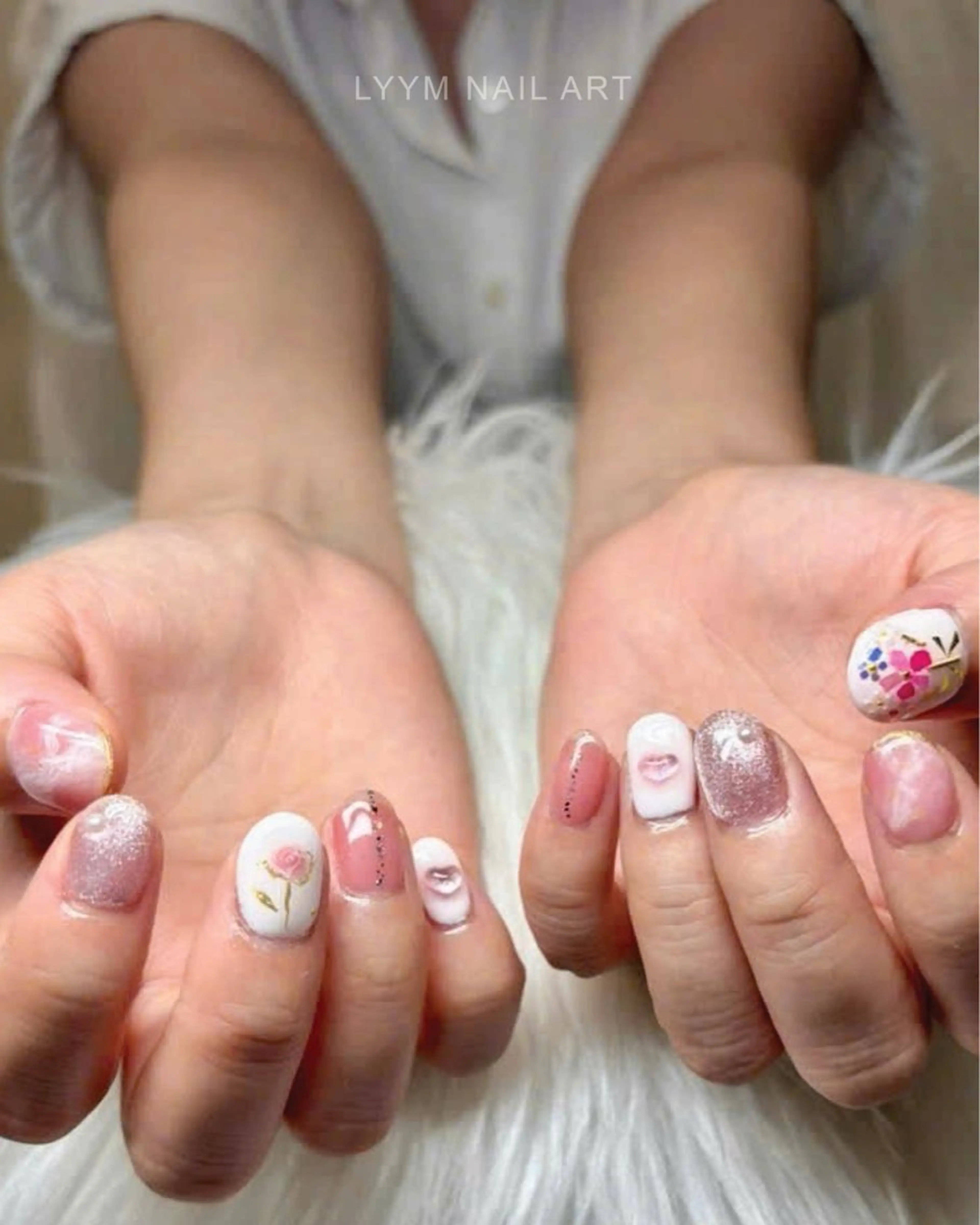 ネイル アートネイル フラワーネイル ガーリー ハート 韓国ネイル LYYM Salonのネイルデザイン