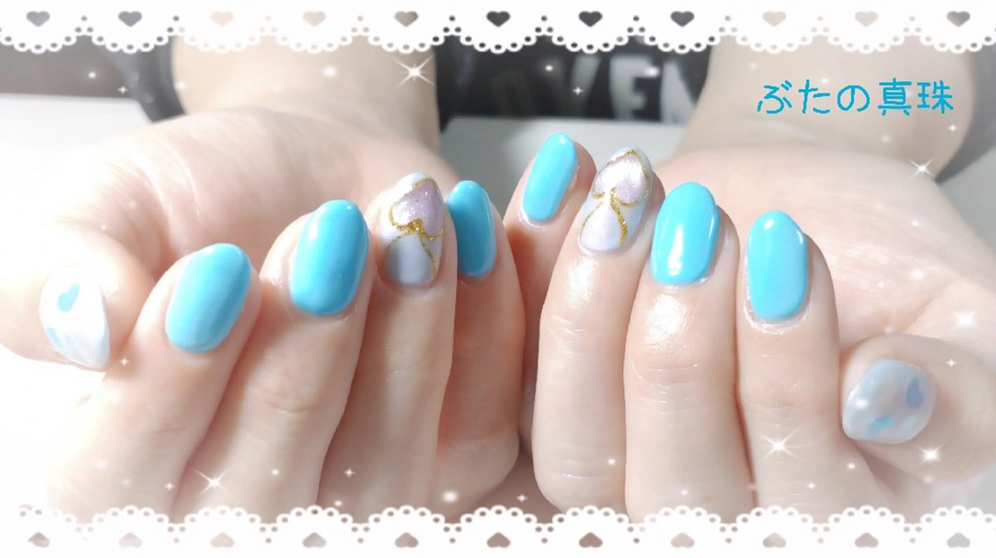 ネイル ブルー ハート ハンドネイル 林 珠里のネイルデザイン