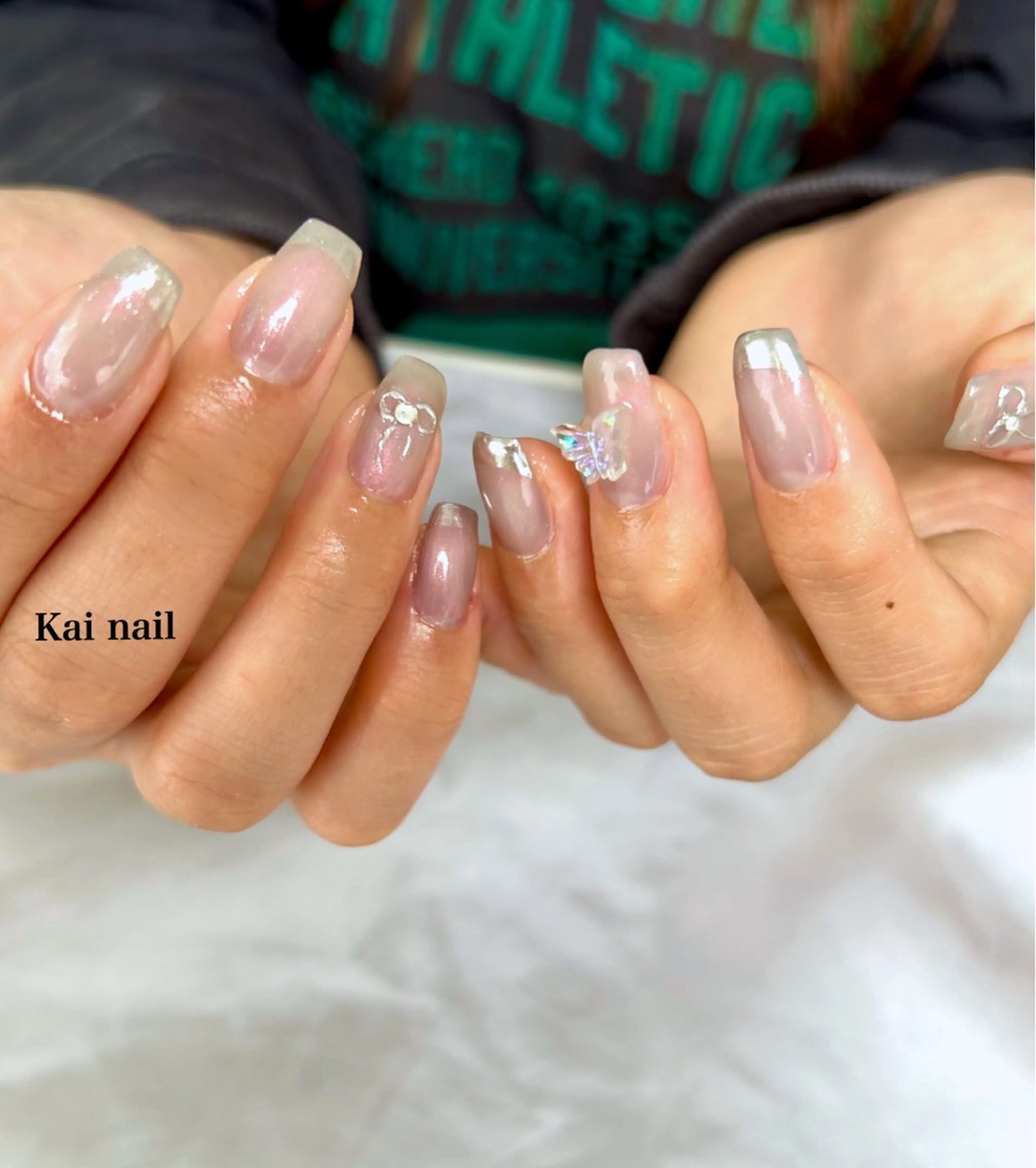 ネイル フレンチネイル 韓国ネイル マグネットネイル ミラーネイル リボン ハンドネイル Kai  nail Mayukoのネイルデザイン