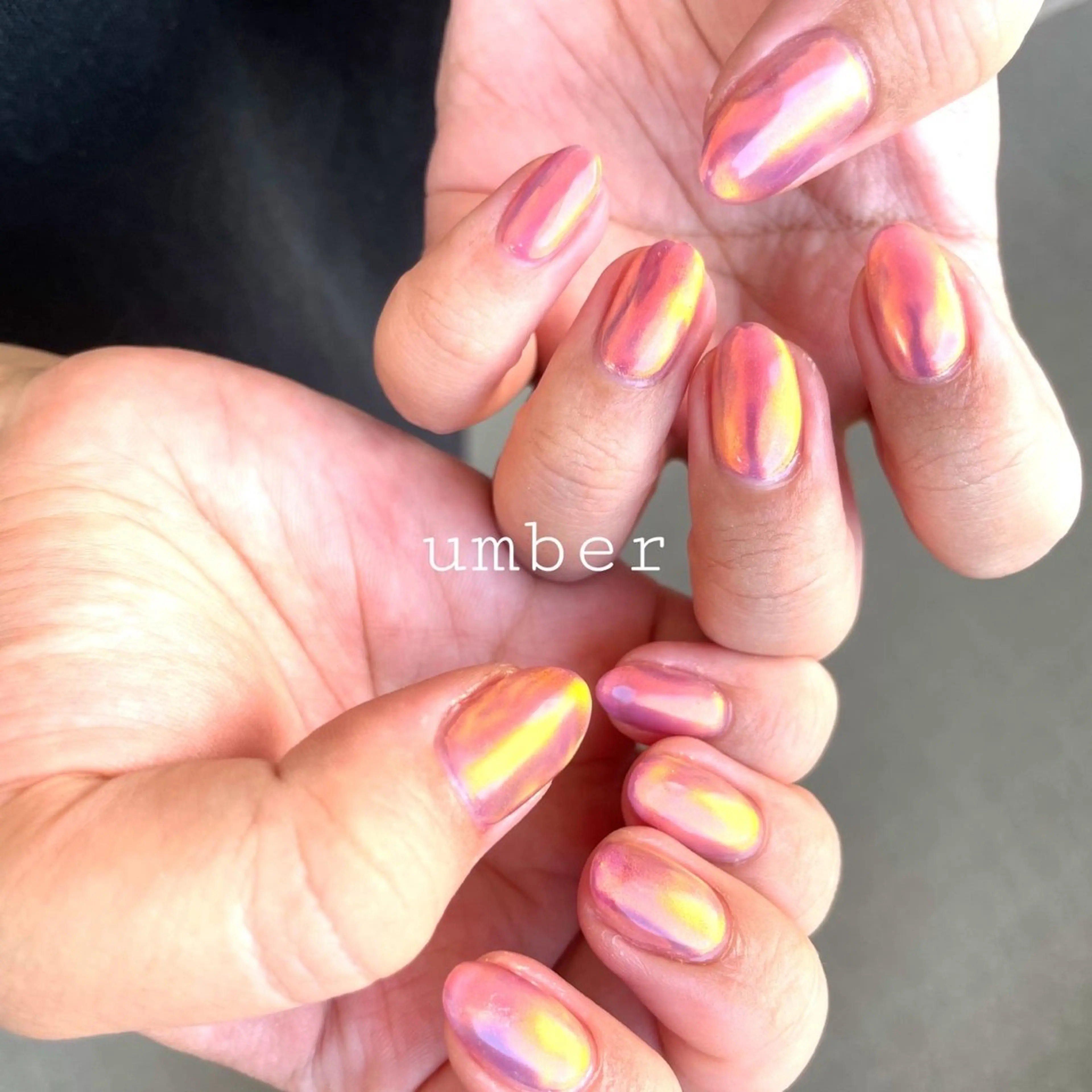 ネイル ミラーネイル オレンジ ピンク ハンドネイル umber 三茶1分のネイルデザイン