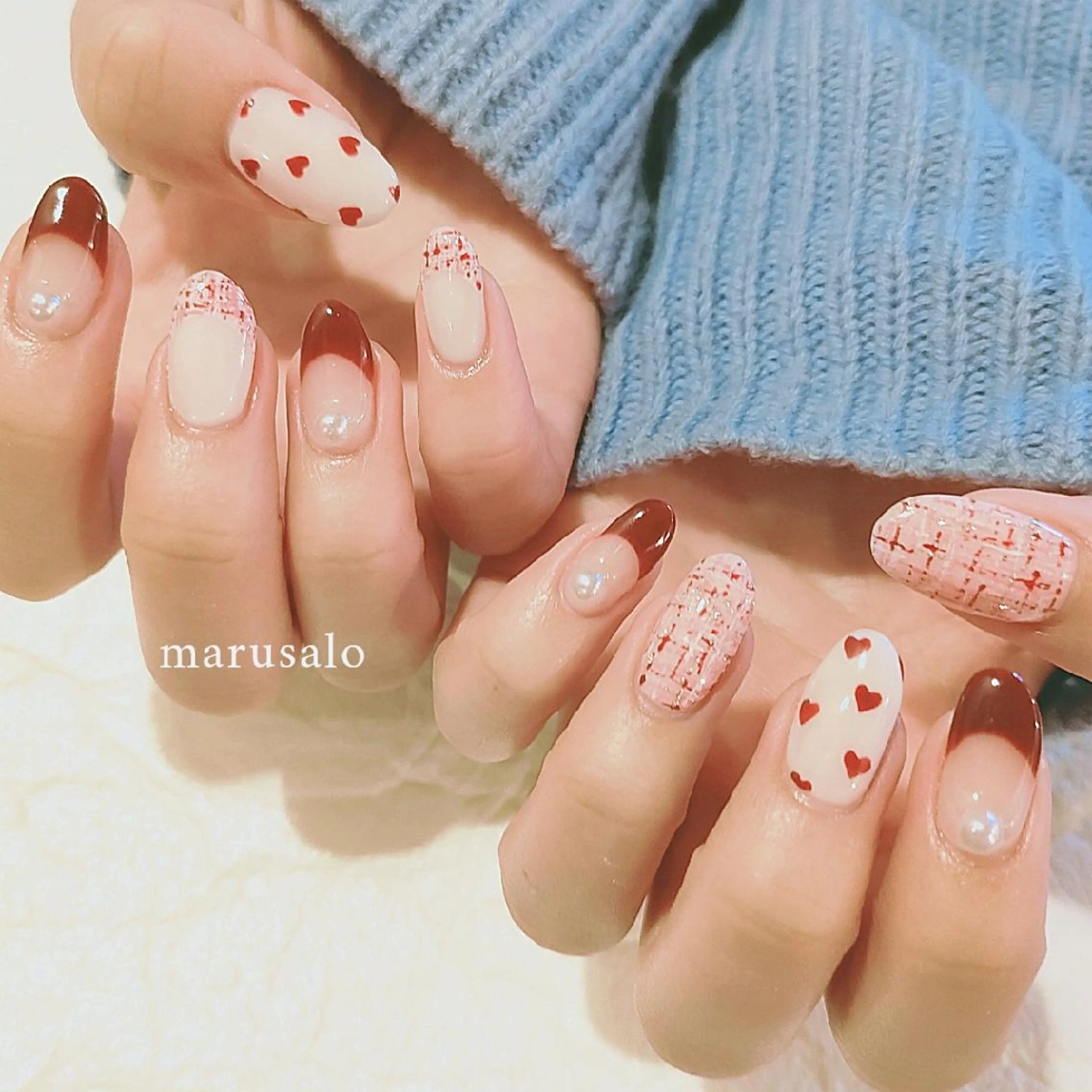 ネイル ボルドー ドット フレンチネイル ガーリー ハート ハンドネイル marusalo nailのネイルデザイン