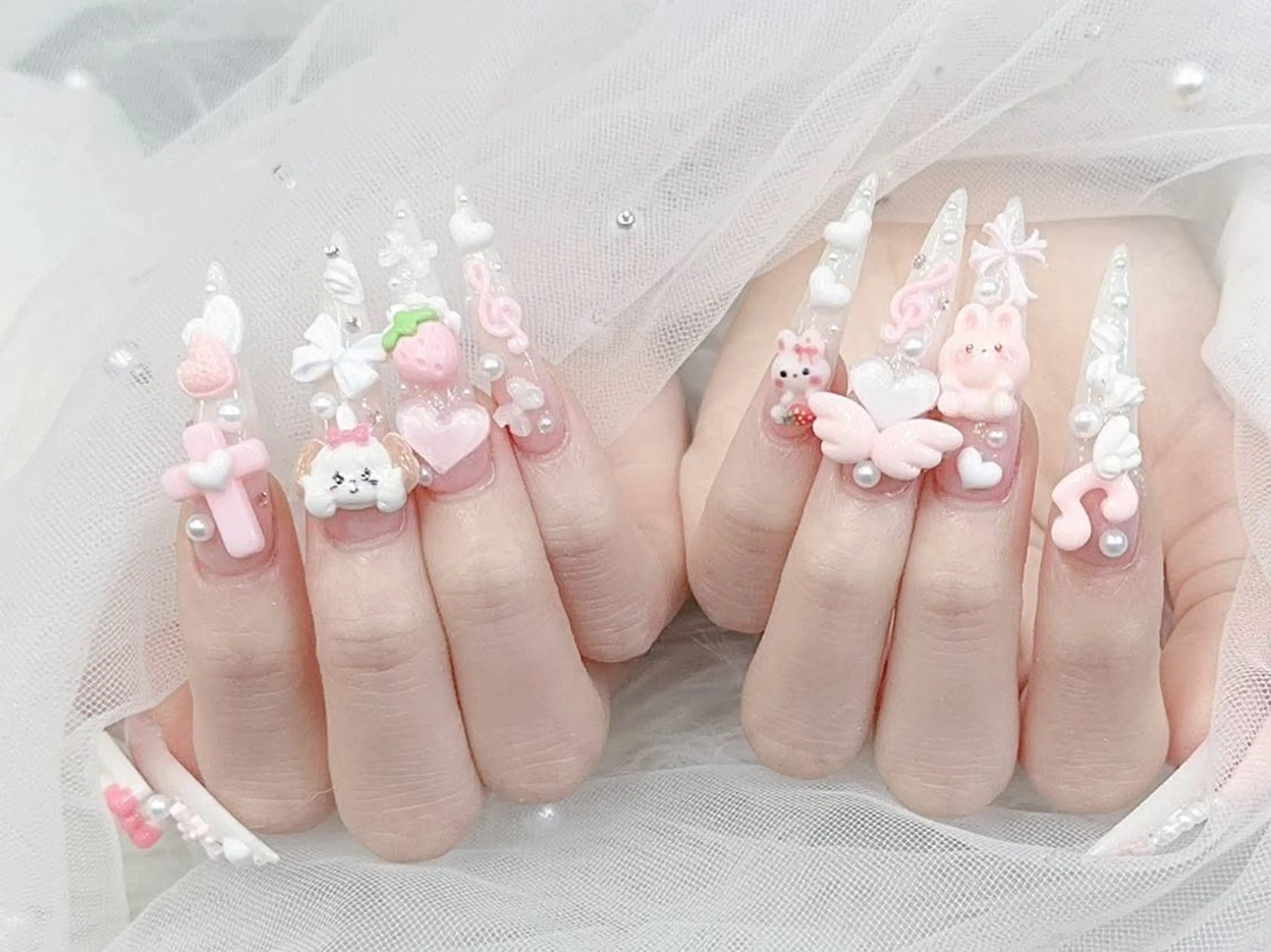 ネイル 成人式 大理石ネイル(マーブル) リボン 夏ネイル ネイルチップ ハンドネイル MoMoA Nail ネイル長さ出し専門店のネイルデザイン