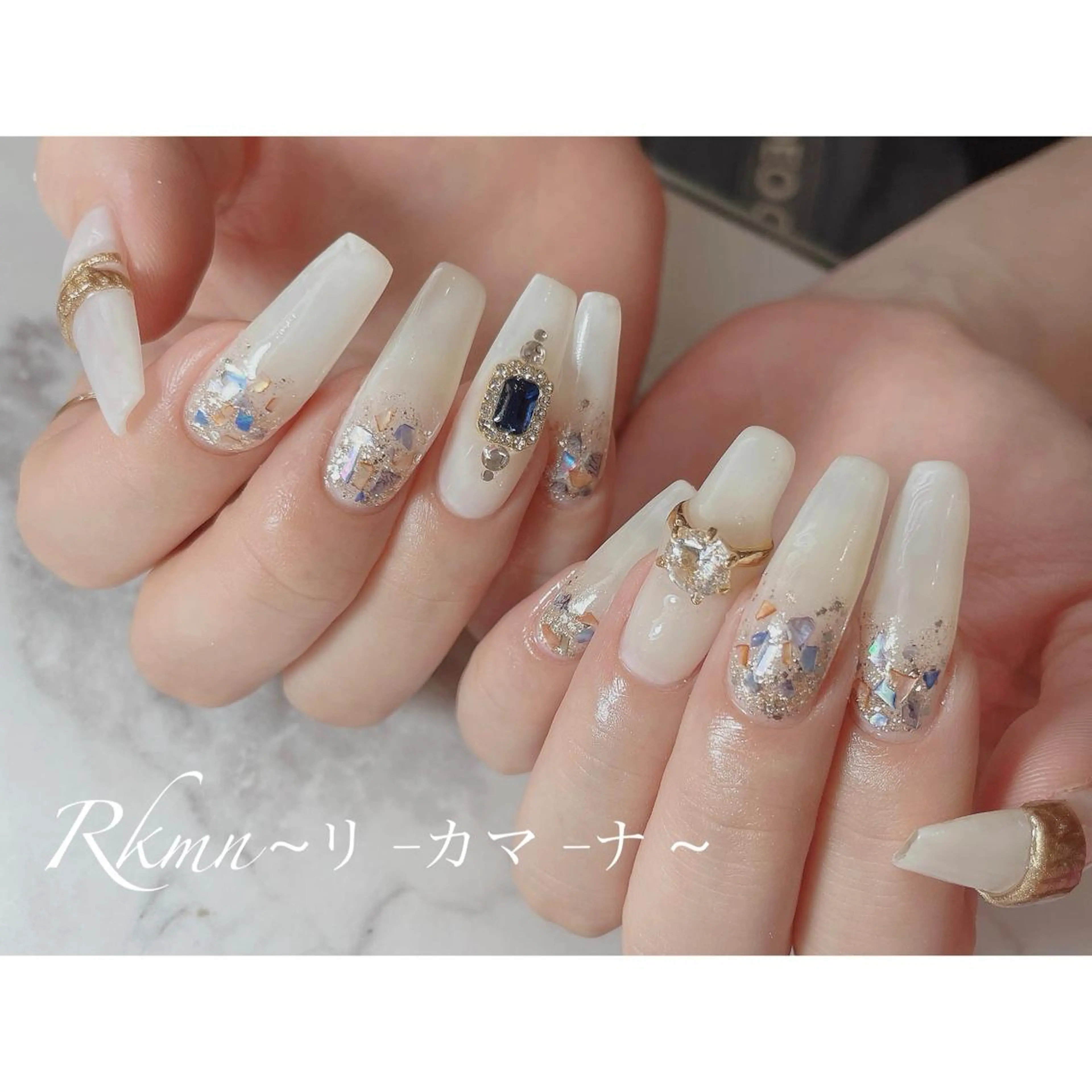 ネイル アートネイル ラメ(グリッター) 春ネイル ホワイト ハンドネイル フットネイル ハンドケア Rkmn ~リ-カマ-ナ~のネイルデザイン