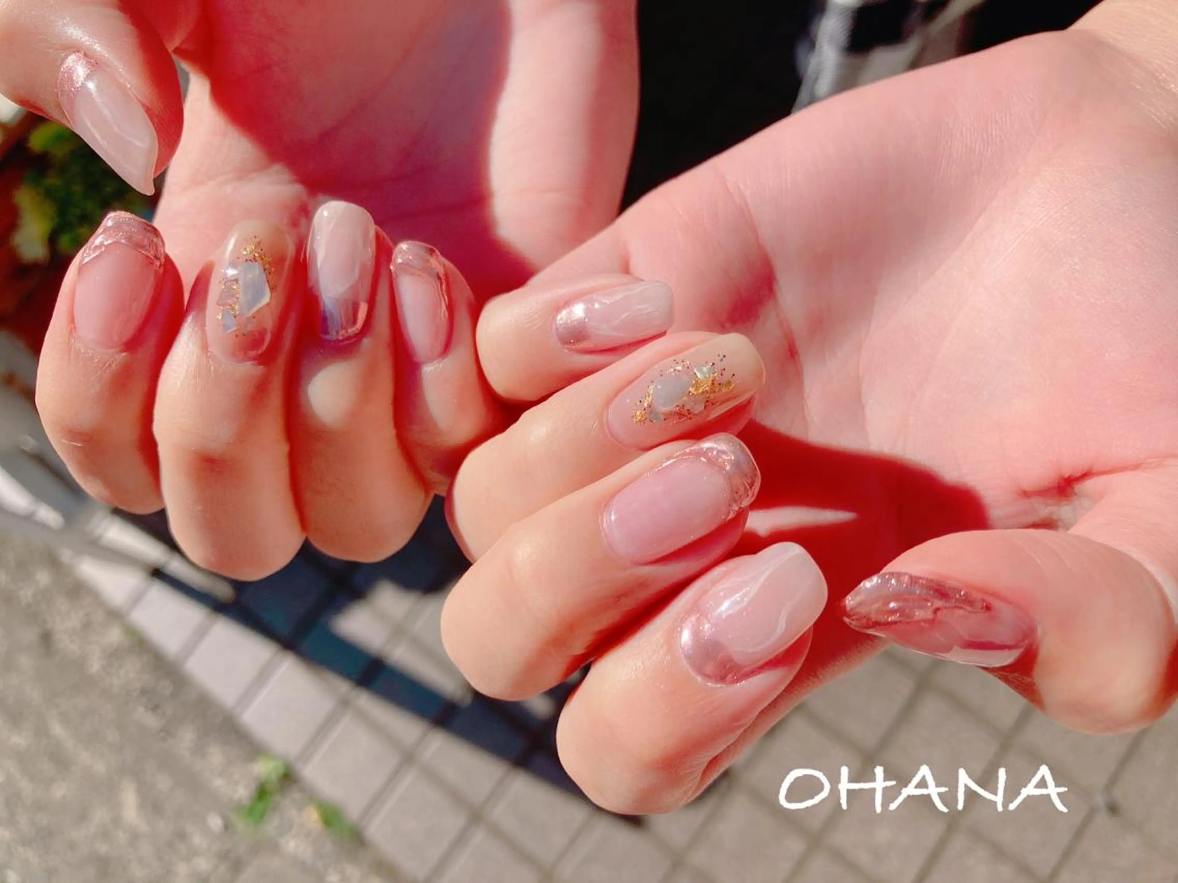 ネイル 成人式 長さ出し フットネイル ミラーネイル ニュアンスネイル nailroom  OHANA所属・nailroom OHANA🌴のネイルデザイン