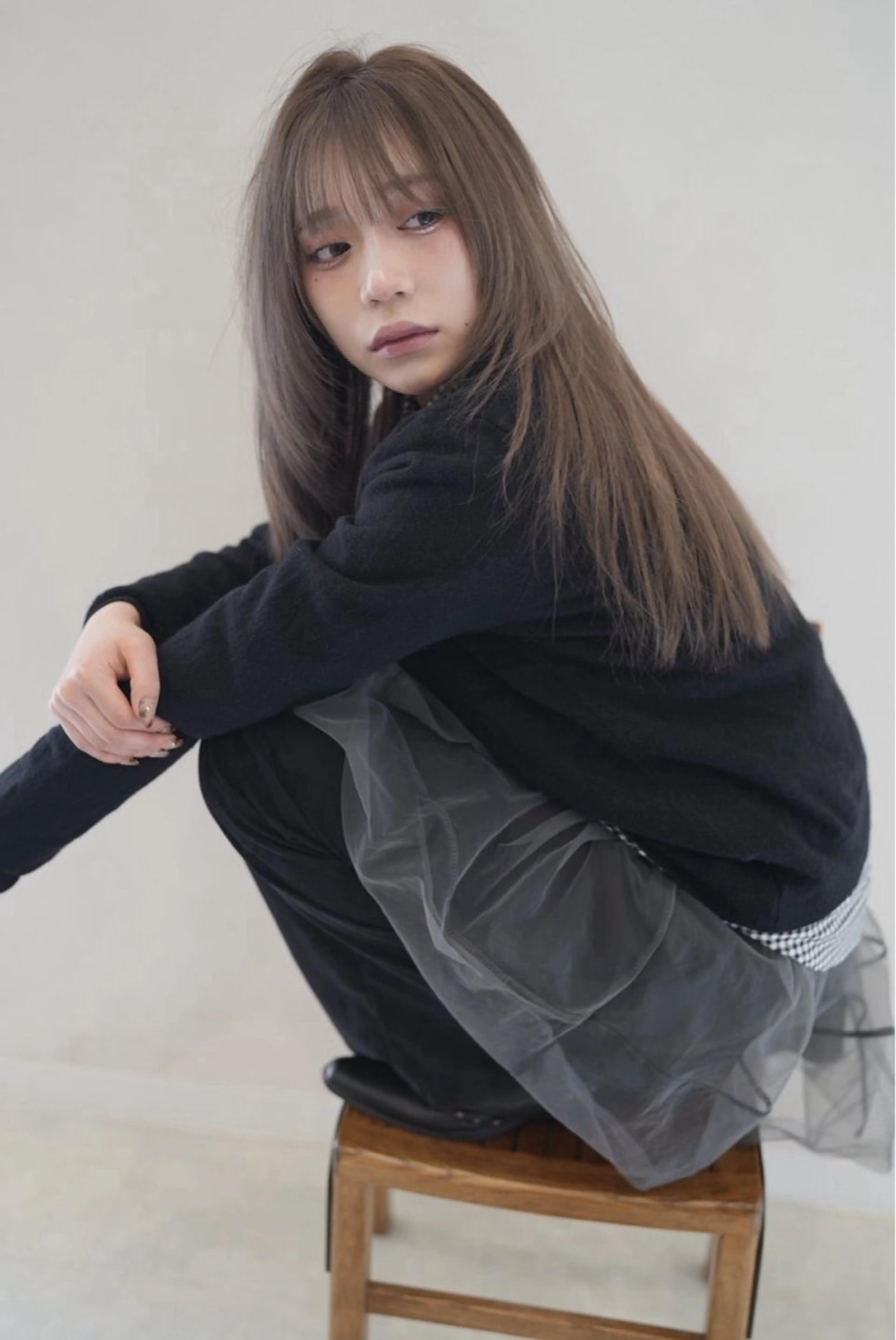 ロング 顔まわりレイヤー 顔周りカット 韓国風ヘア レイヤーカット カット ヘアカラー トリートメント 塘 千咲のヘアスタイル