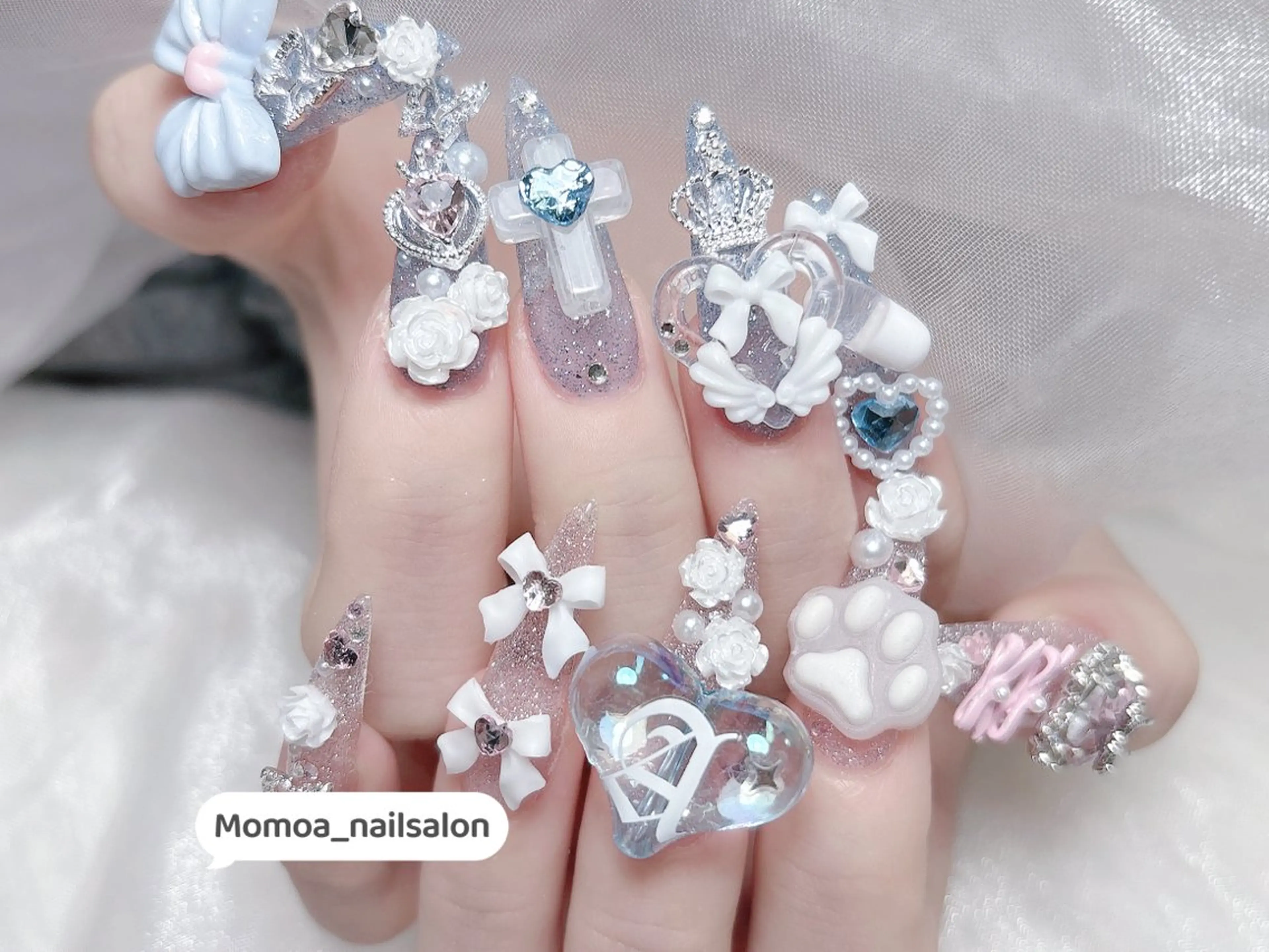 ネイル 成人式 ロングネイル マグネットネイル 大理石ネイル(マーブル) 持ち込み ハンドネイル MoMoA Nail ネイル長さ出し専門店のネイルデザイン