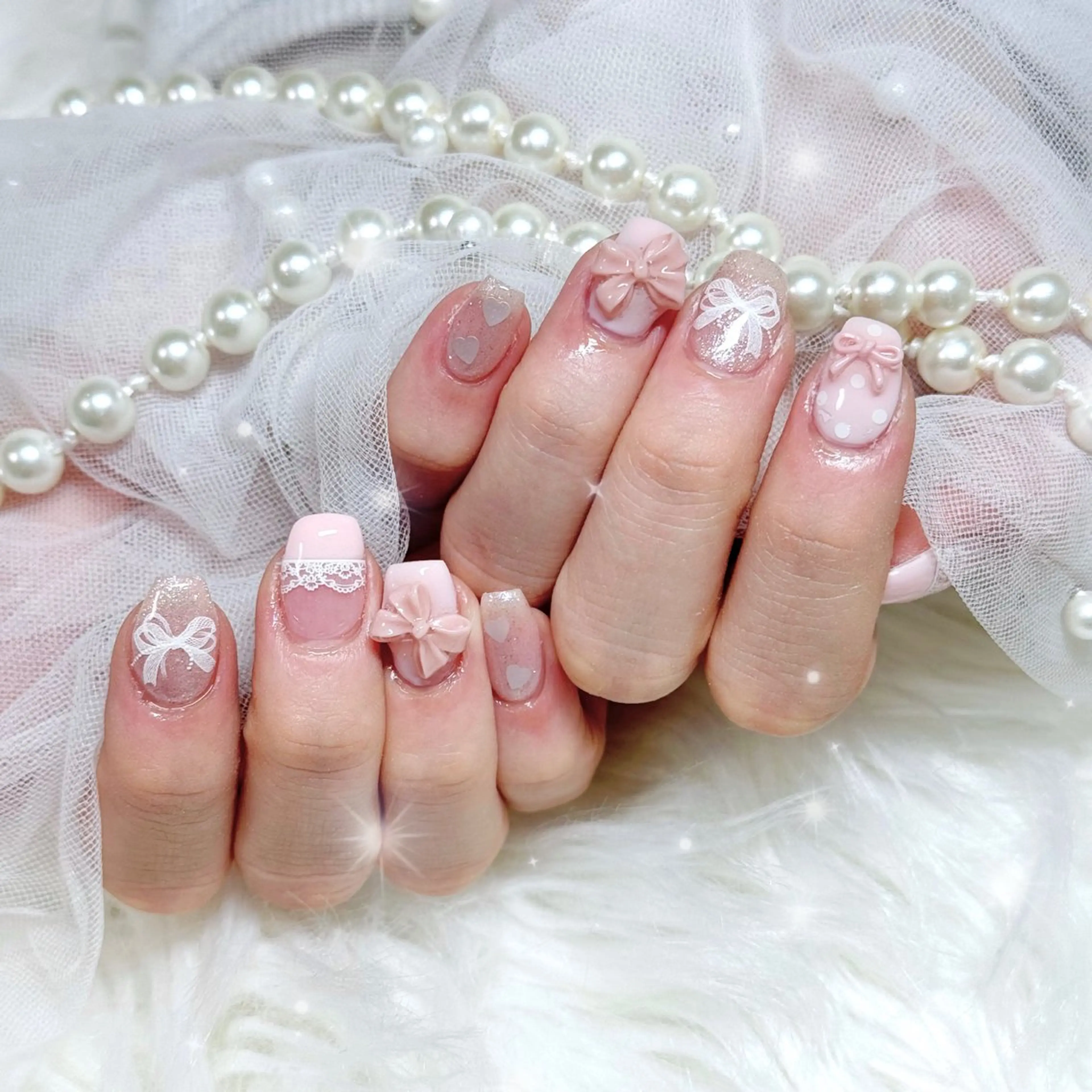 ネイル ガーリー リボン ハンドネイル 🎀Mai 🎀4/29空き️️のネイルデザイン