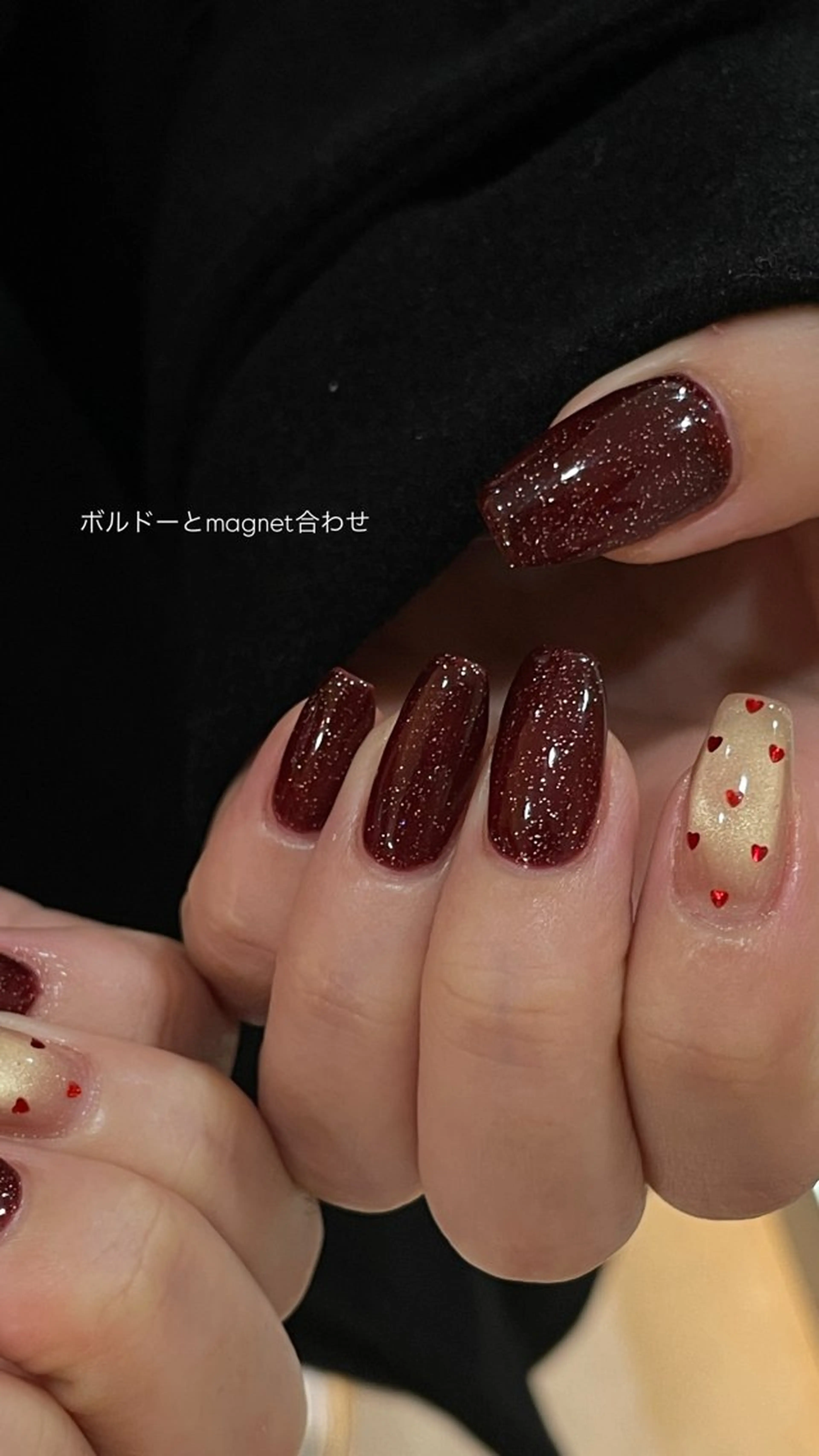 ネイル ボルドー ドット ハート ラメ(グリッター) ハンドネイル you (ユウ)のネイルデザイン