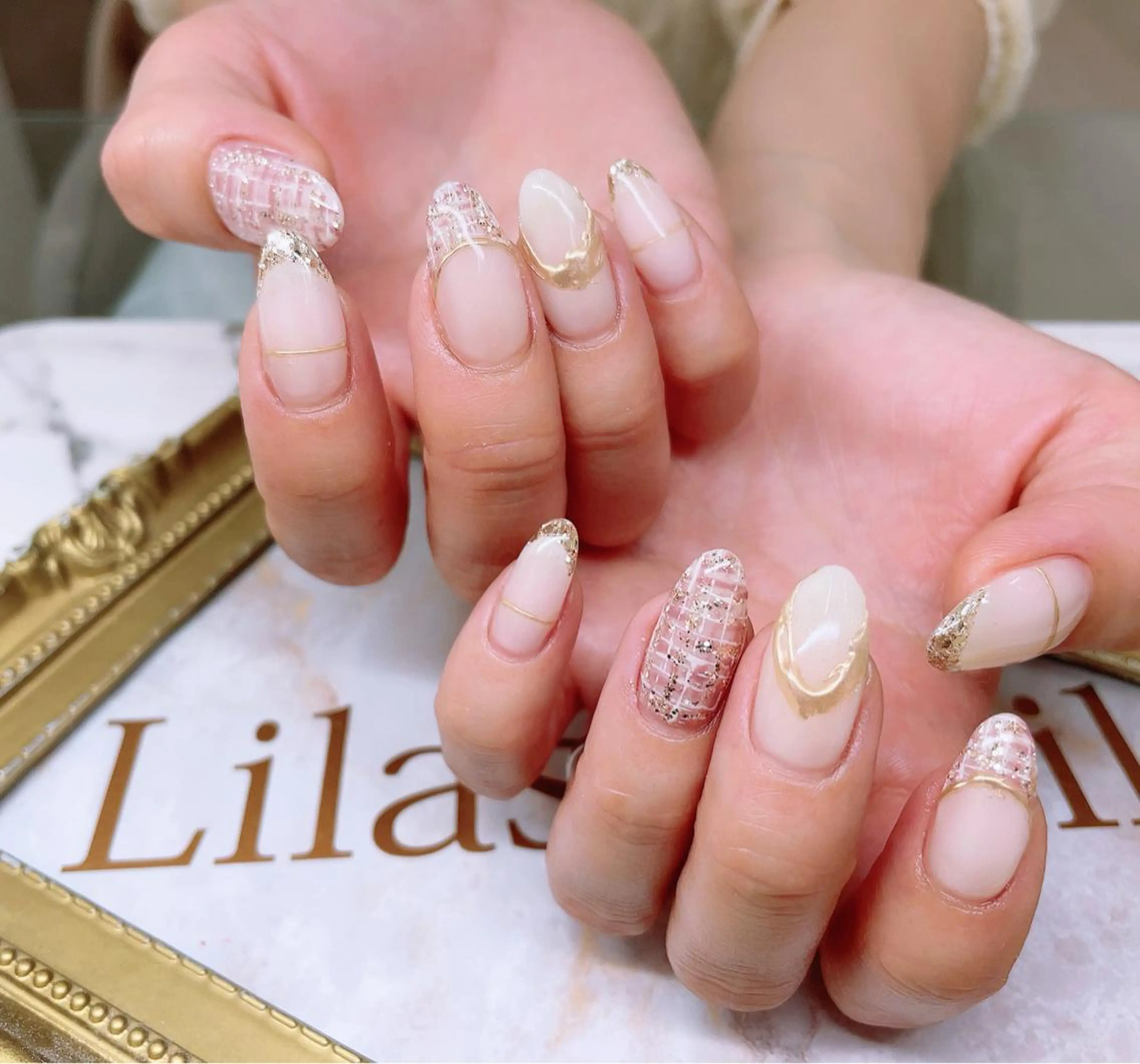 ネイル フレンチネイル ジェルネイル ゴールド ハードジェル ロングネイル Lilas Nailのネイルデザイン