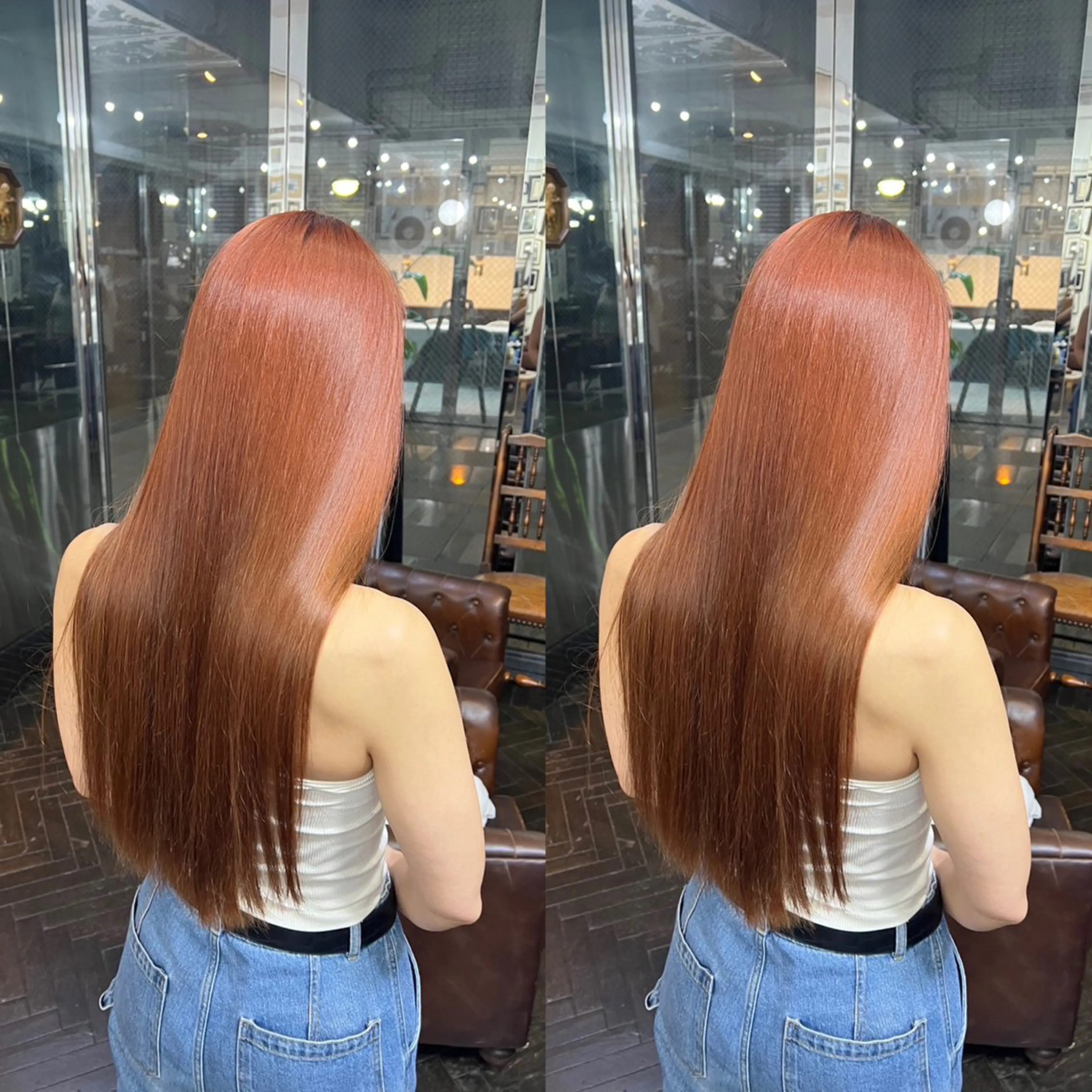 ロング カラー オレンジ カット ヘアカラー トリートメント 💎ハイトーン/艶 カラー モエカ💎のヘアスタイル