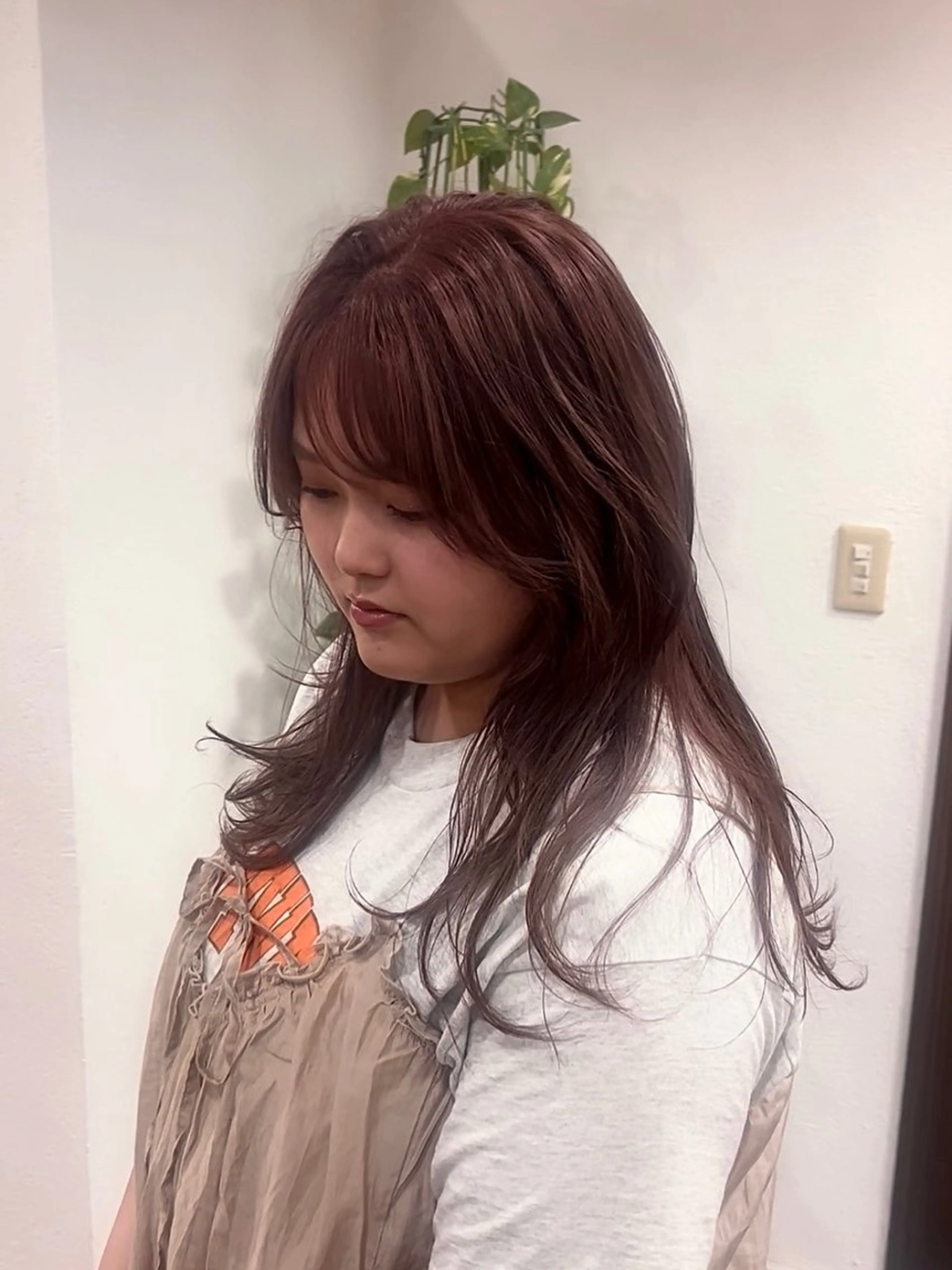 セミロング レッドブラウン 顔まわりレイヤー レイヤーカット 山本 梨華のヘアスタイル