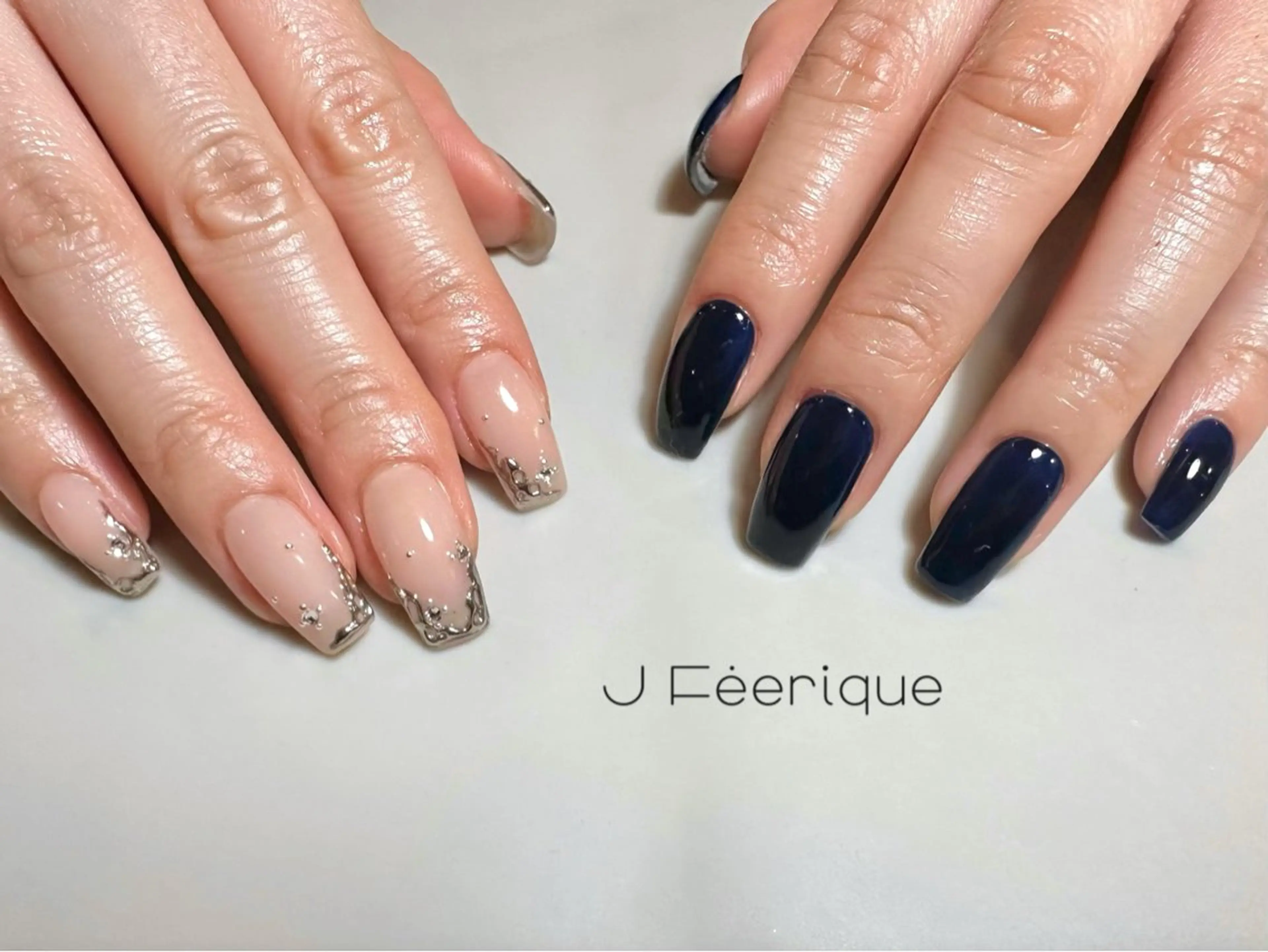 ネイル アートネイル ネイビー ワンカラーネイル シルバー シンプルネイル ハンドネイル ハンドケア Shiho 南森町/ネイルのネイルデザイン