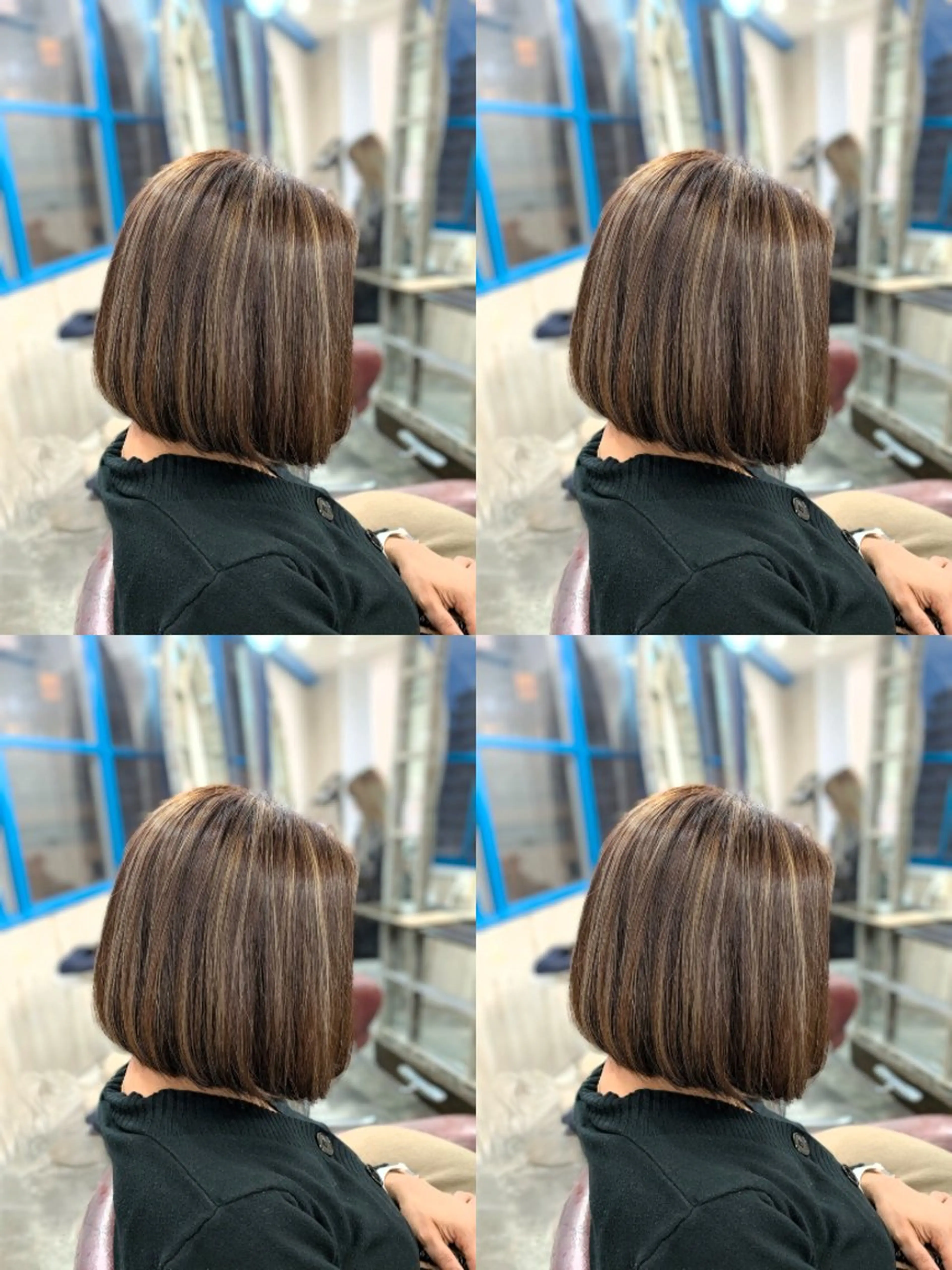 ミディアム カラー ショートボブ ハイライトカラー ボブ くびれヘア ハイライト カット ヘアカラー トリートメント メンズパーマ/顔周り レイヤーカット/えののヘアスタイル