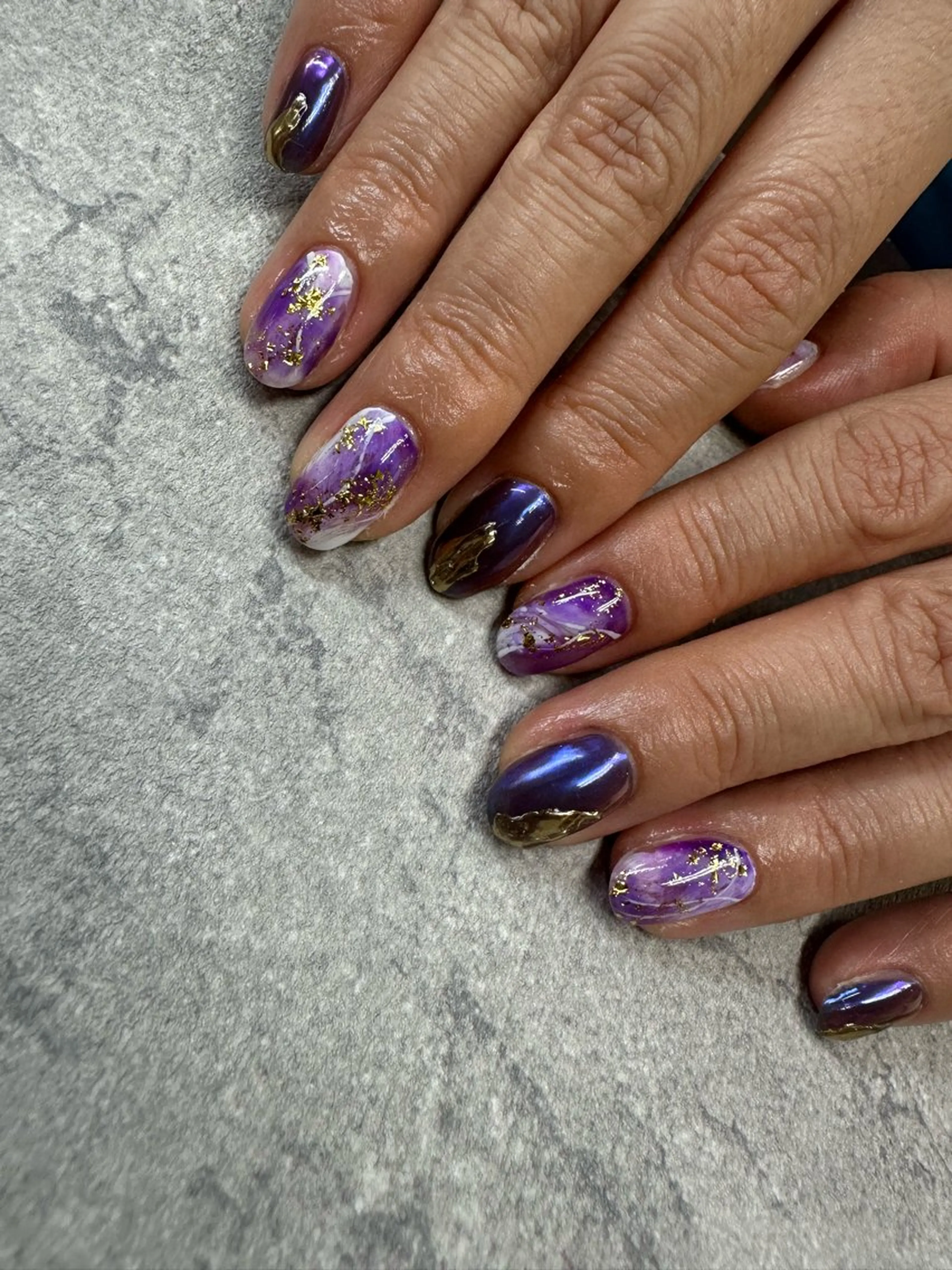 ネイル ゴールド ミラーネイル ニュアンスネイル パープル ハンドネイル .N YUKIのネイルデザイン