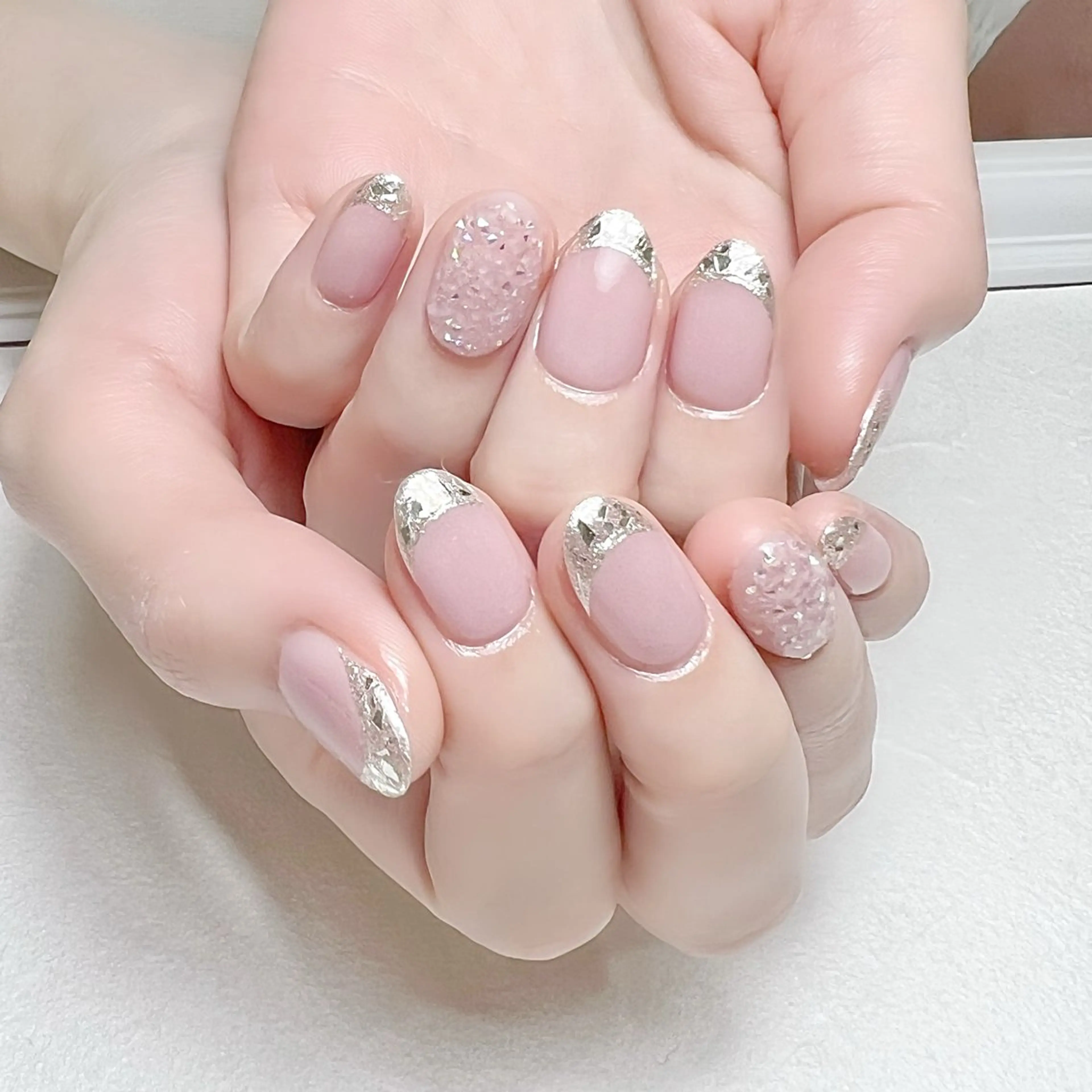 ネイル フレンチネイル ガラスフレンチ キラキラネイル 持ち込み ピンク rouse nail RISATOのネイルデザイン