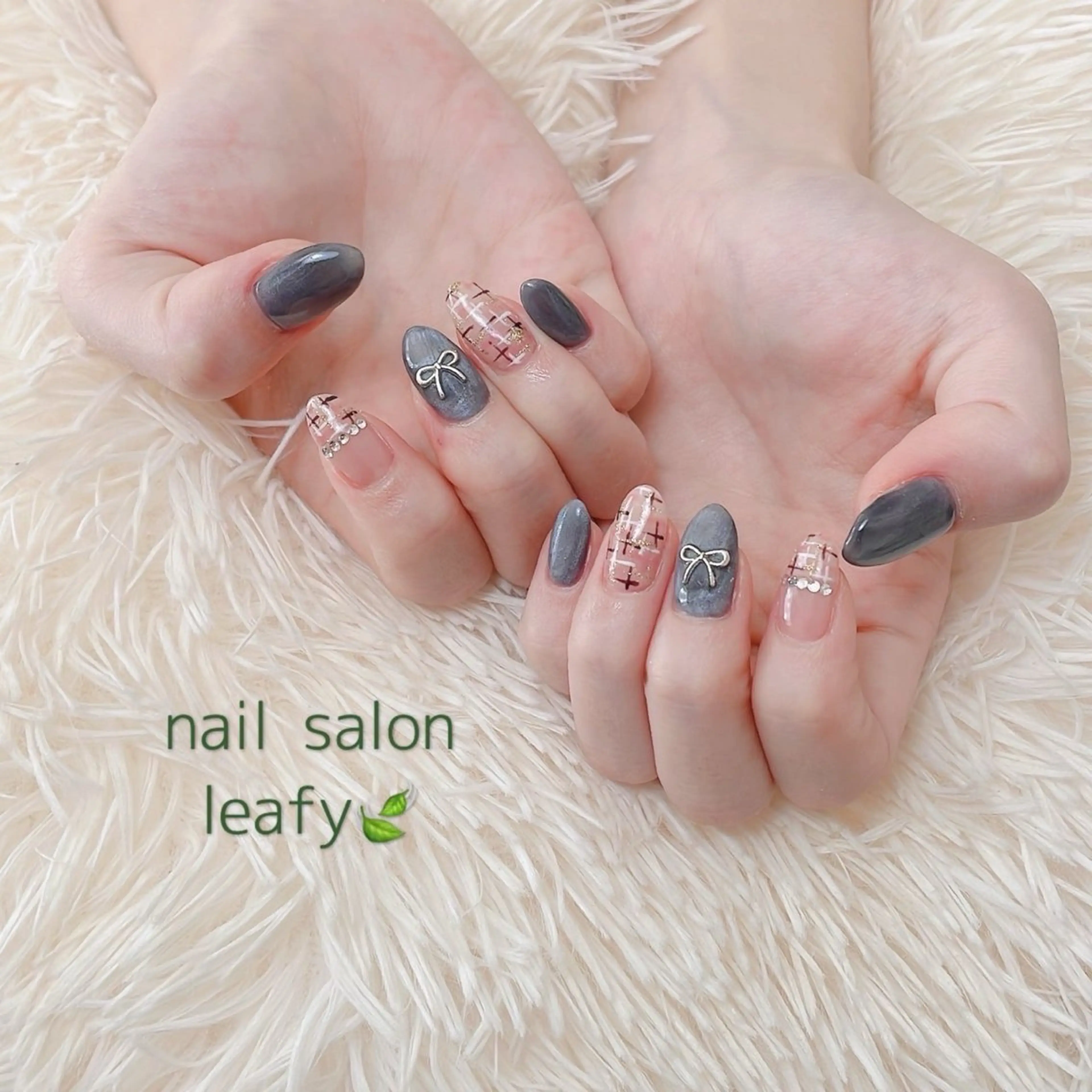 ネイル マグネットネイル リボン ツイードネイル ネイルサロン leafyのネイルデザイン