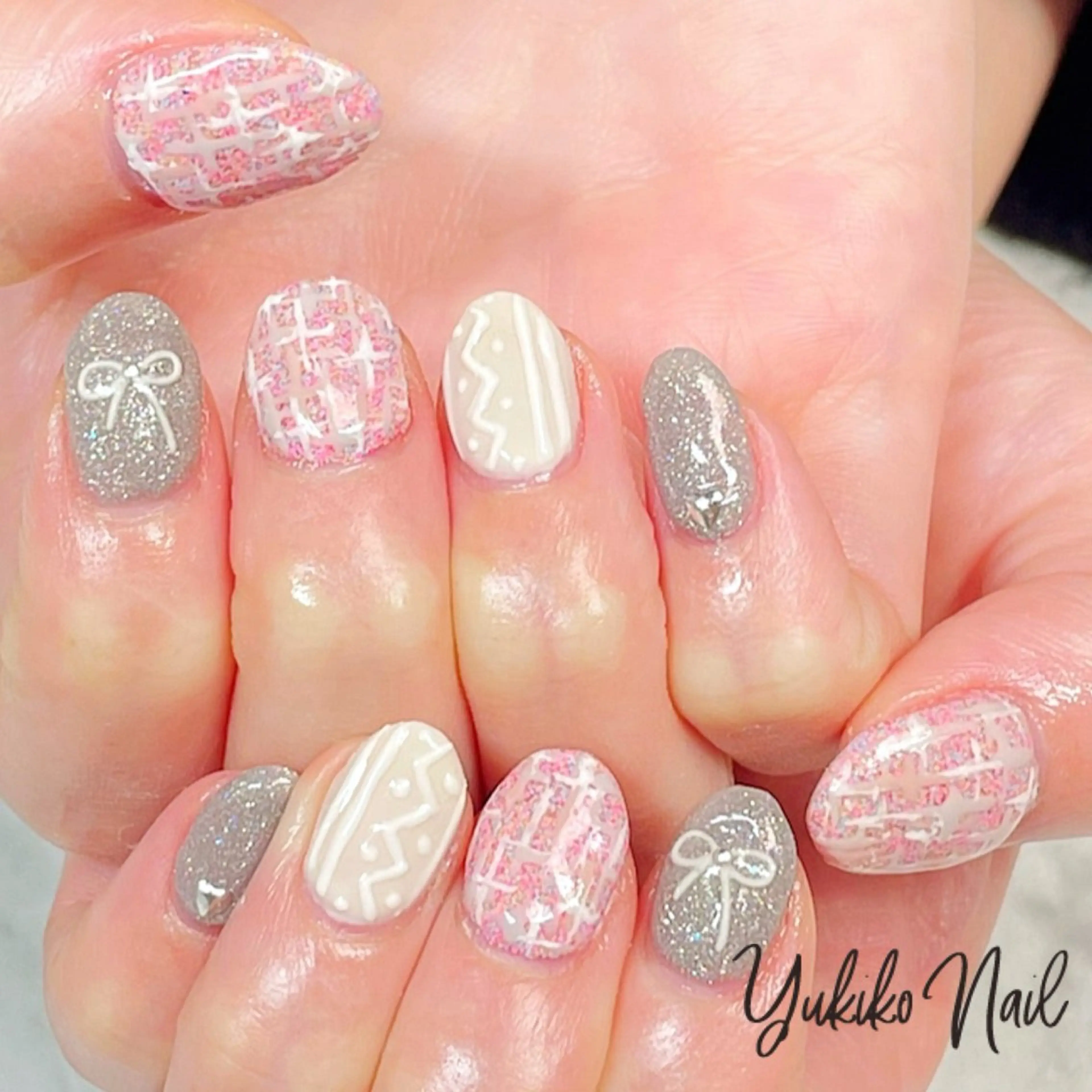 ネイル ピンク ツイードネイル 冬ネイル ハンドネイル ユキコ ネイルのネイルデザイン
