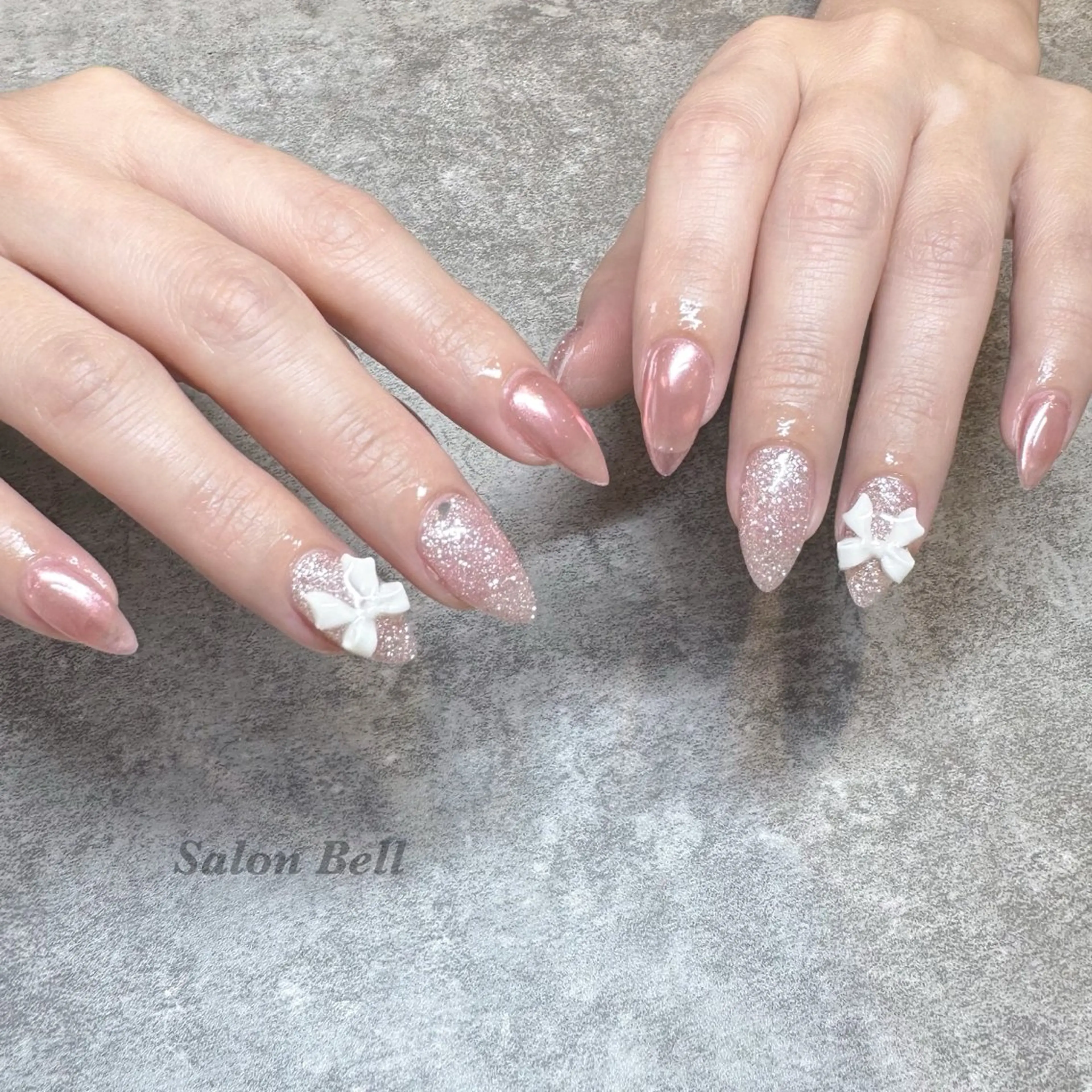 ネイル ミラーネイル リボン ストーンネイル ハンドネイル Totalsalon Bell木村𝜗𝜚のネイルデザイン