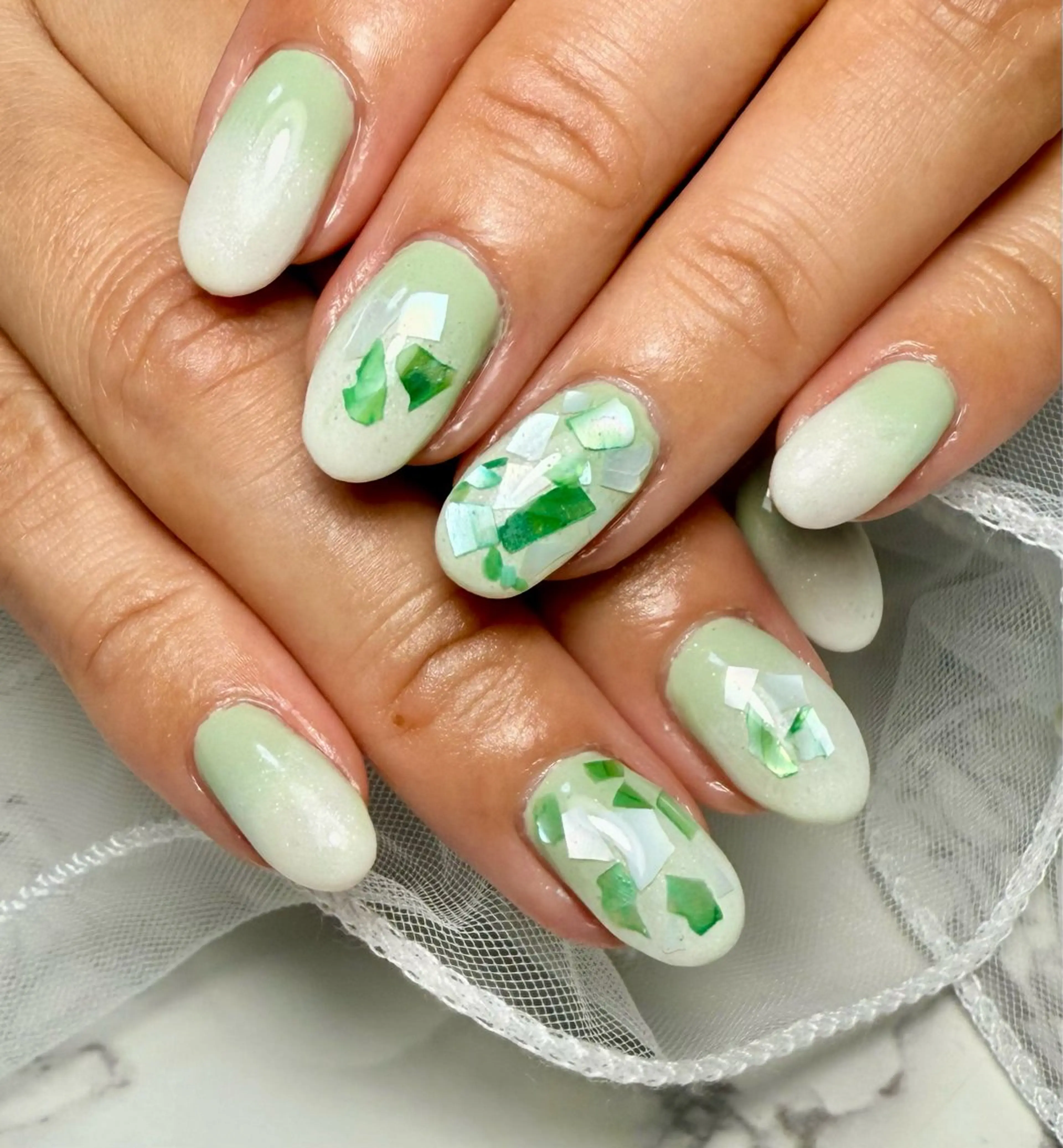 ネイル アートネイル フレンチネイル ガラスフレンチ 氷ネイル・うるうるネイル キラキラネイル M.N_ nailのネイルデザイン