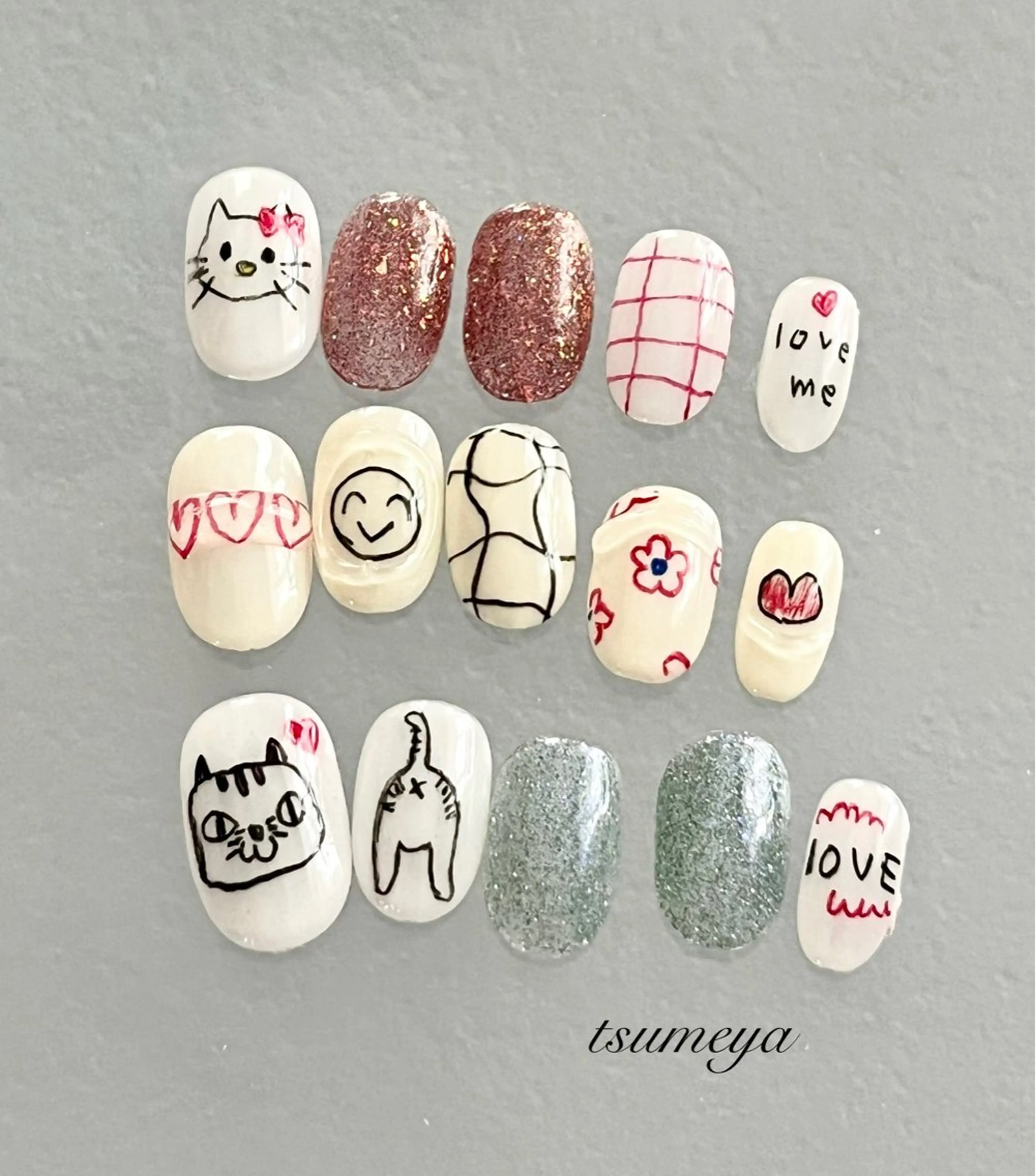ネイル アートネイル ハート ハンドネイル tsumeya ゆるかわ手描きネイルのネイルデザイン
