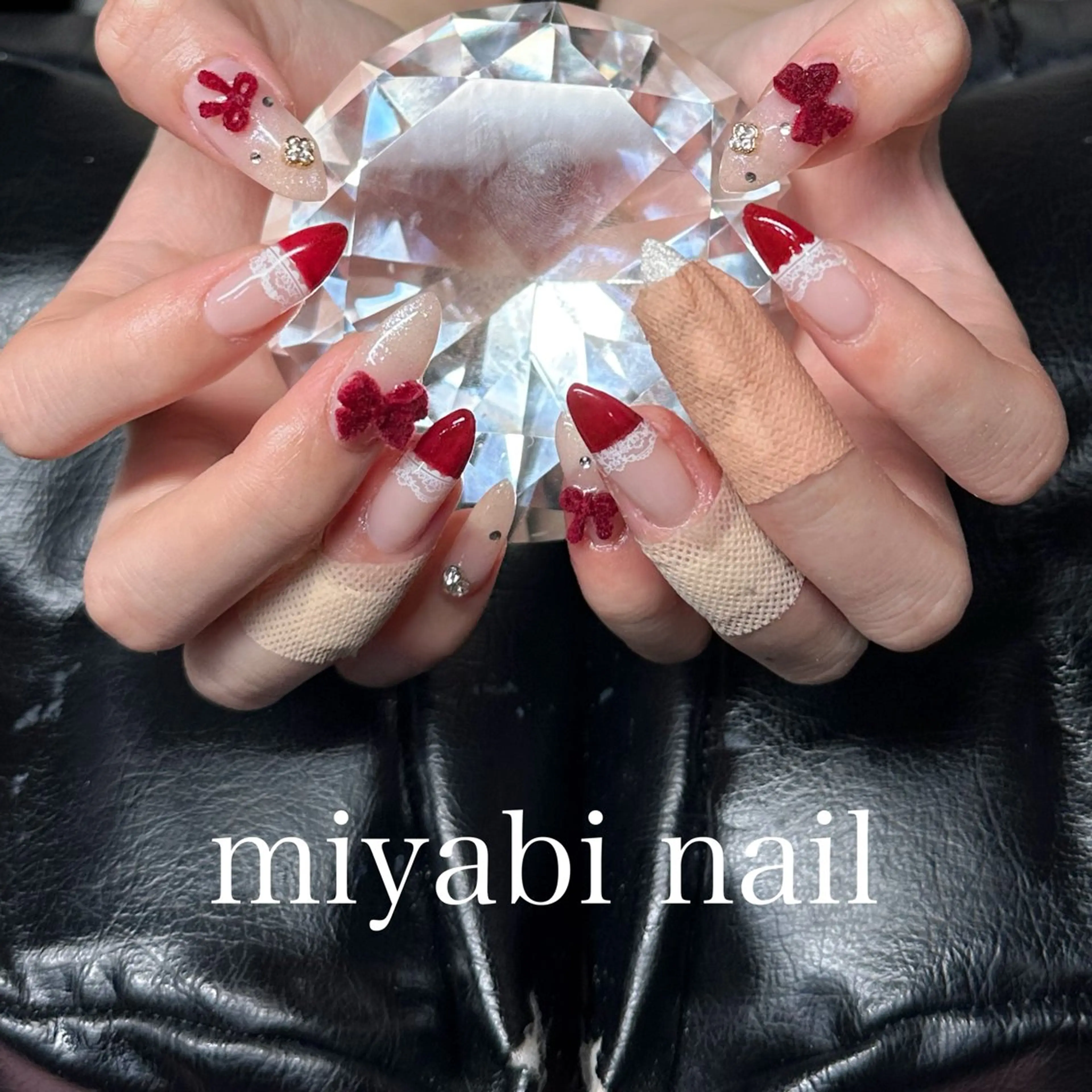 ネイル ボルドー フレンチネイル ジェルネイル レース ロングネイル ハンドネイル miyabi nail 桂川駅近くのネイルデザイン
