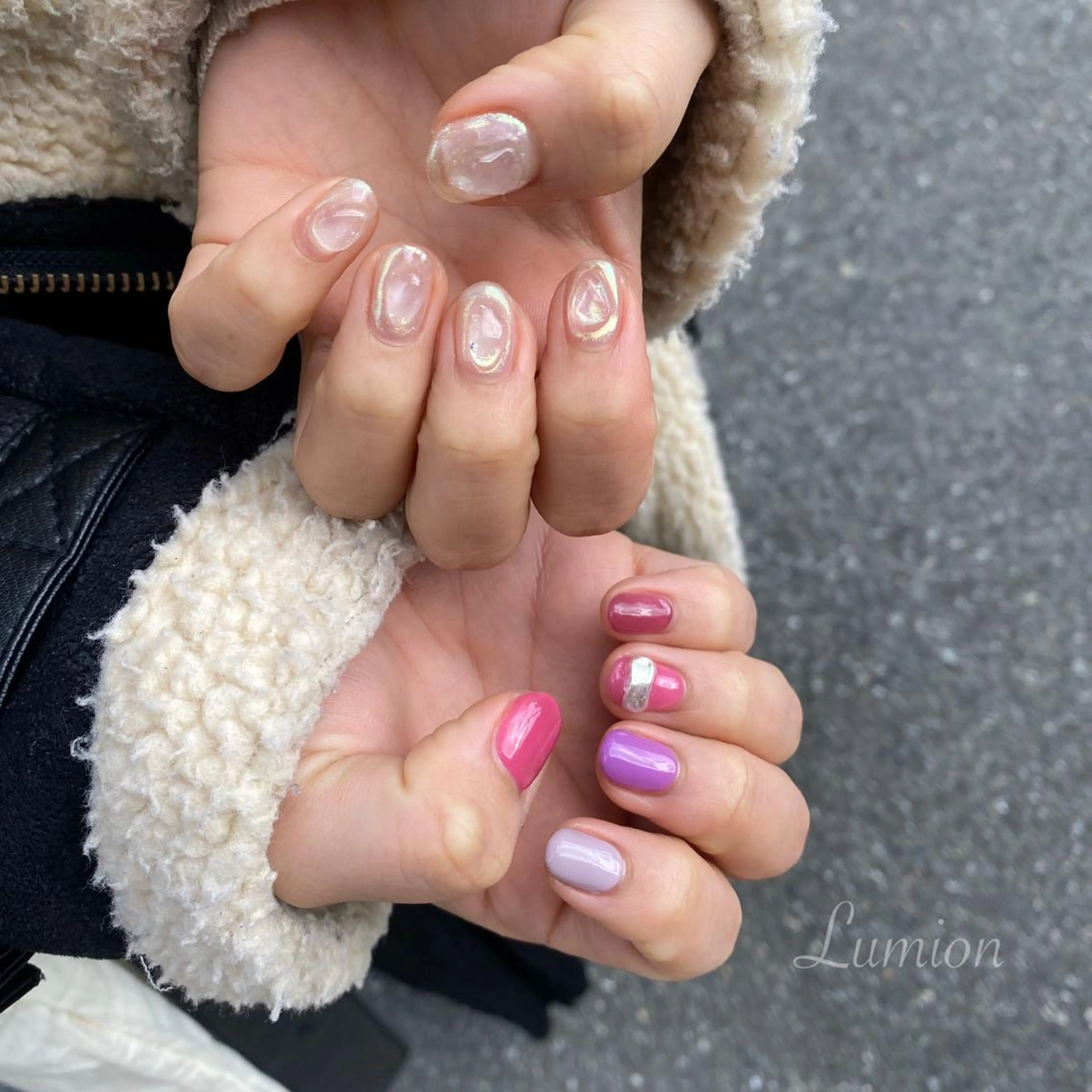 ネイル オーロラネイル ニュアンスネイル パープル ハンドネイル nailroom Lumionのネイルデザイン