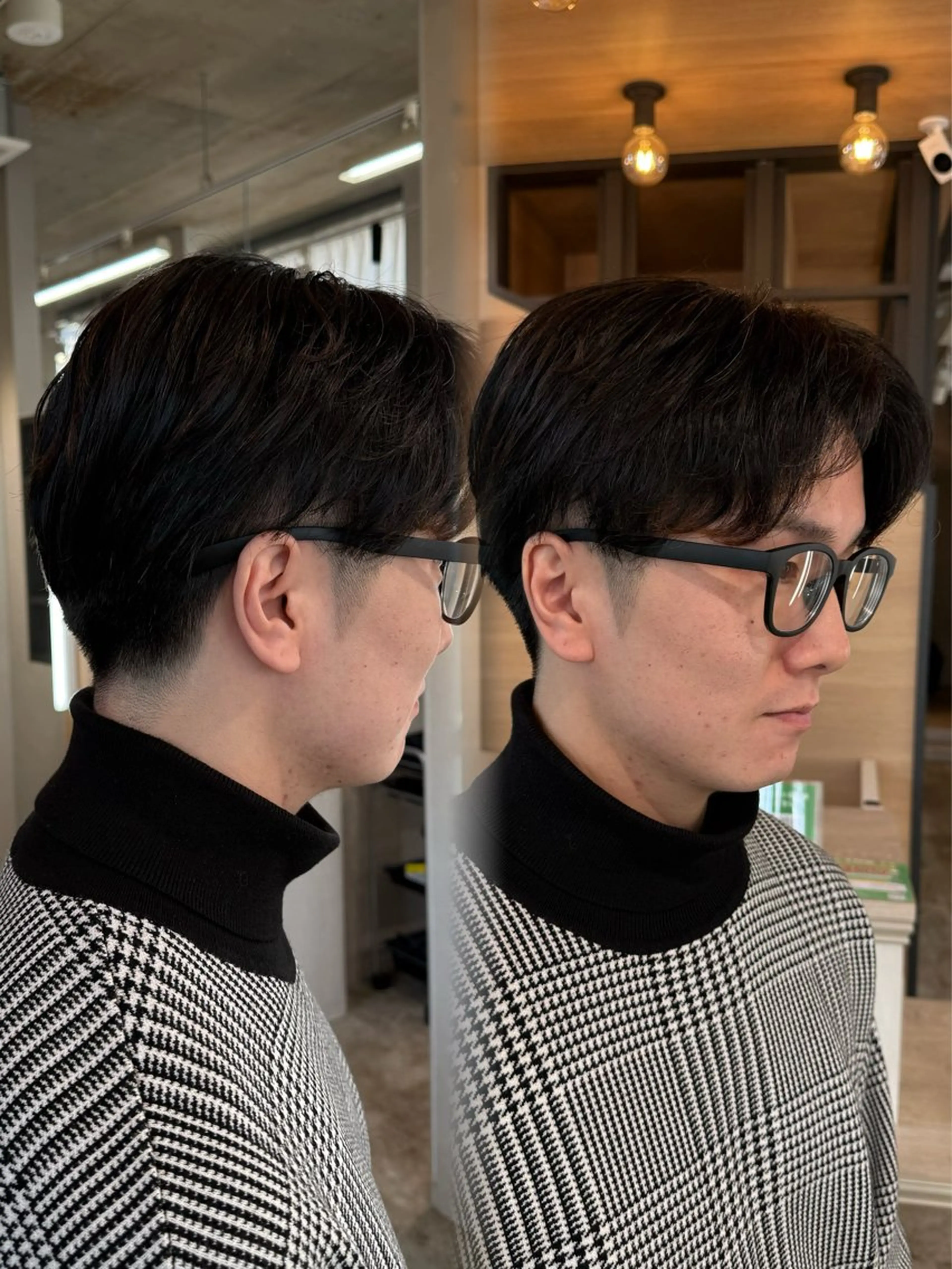 ショート メンズ センターパート ダウンパーマ フェザーパーマ メンズハイライト メンズ韓国風 藤崎百道メンズカット Zina/森井唯央のヘアスタイル