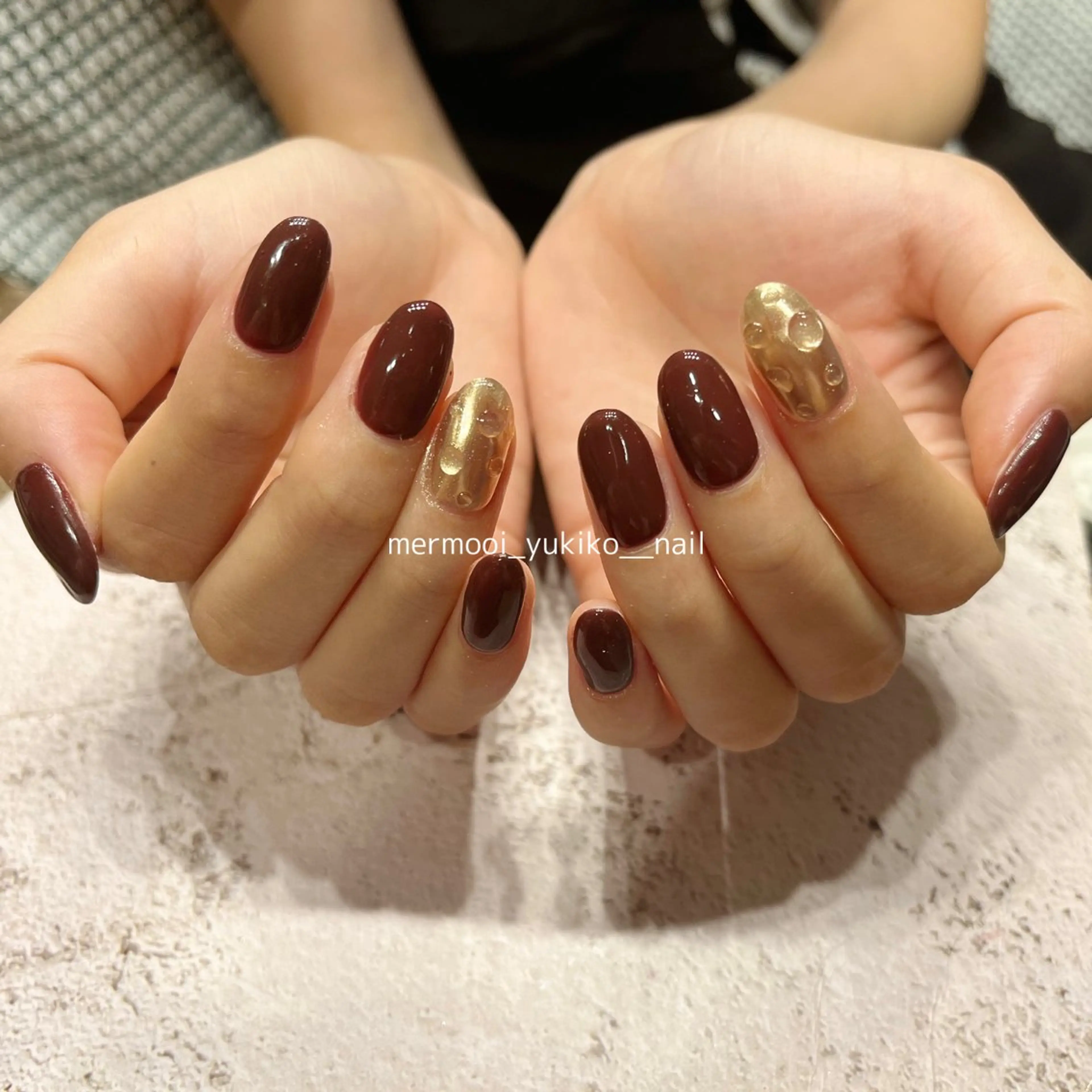 ネイル アートネイル ボルドー ジェルネイル 韓国ネイル ミラーネイル ハンドネイル melumooi nailのネイルデザイン