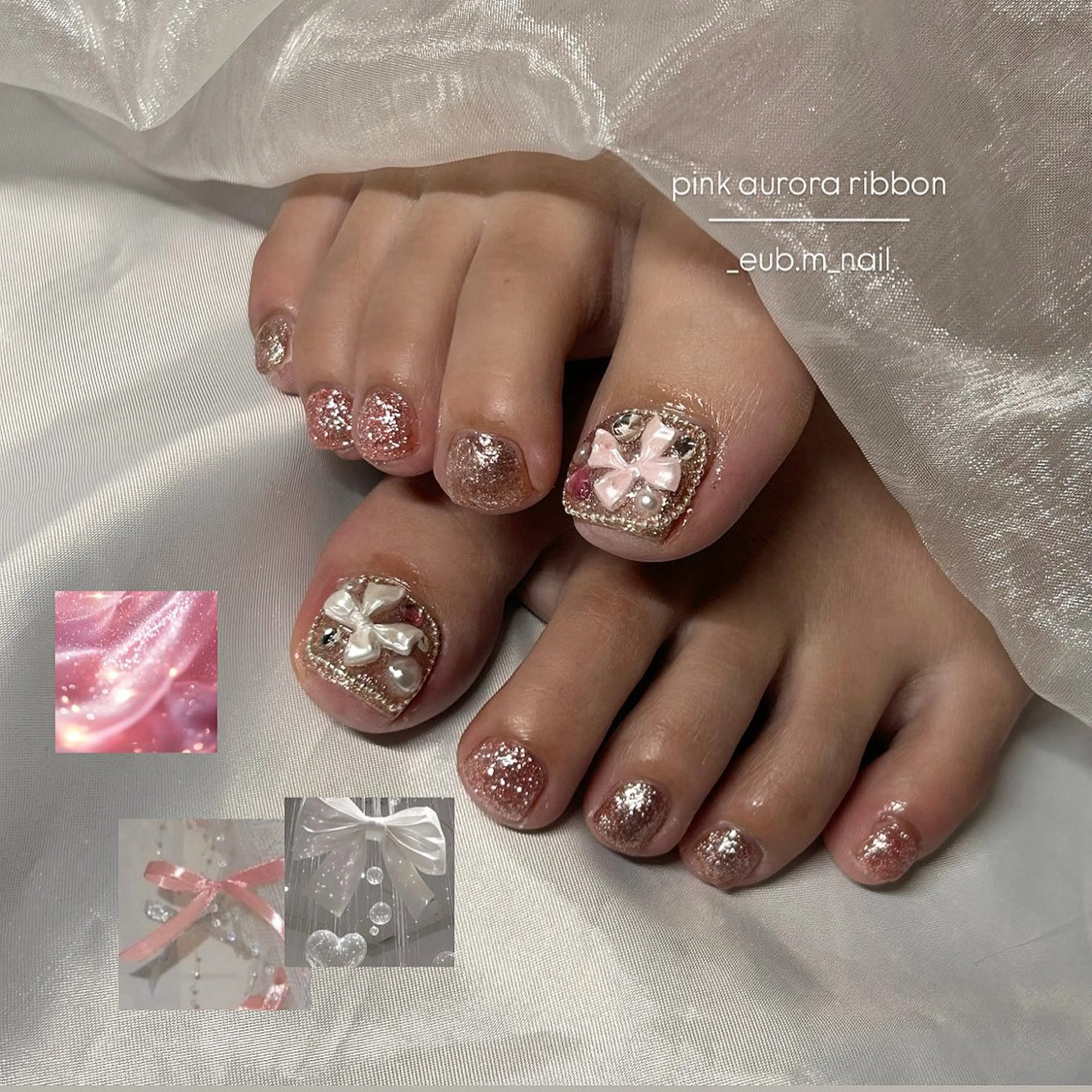 ネイル オーロラネイル リボン フットネイル 深夜ネイルサロン eub.m_nailのネイルデザイン