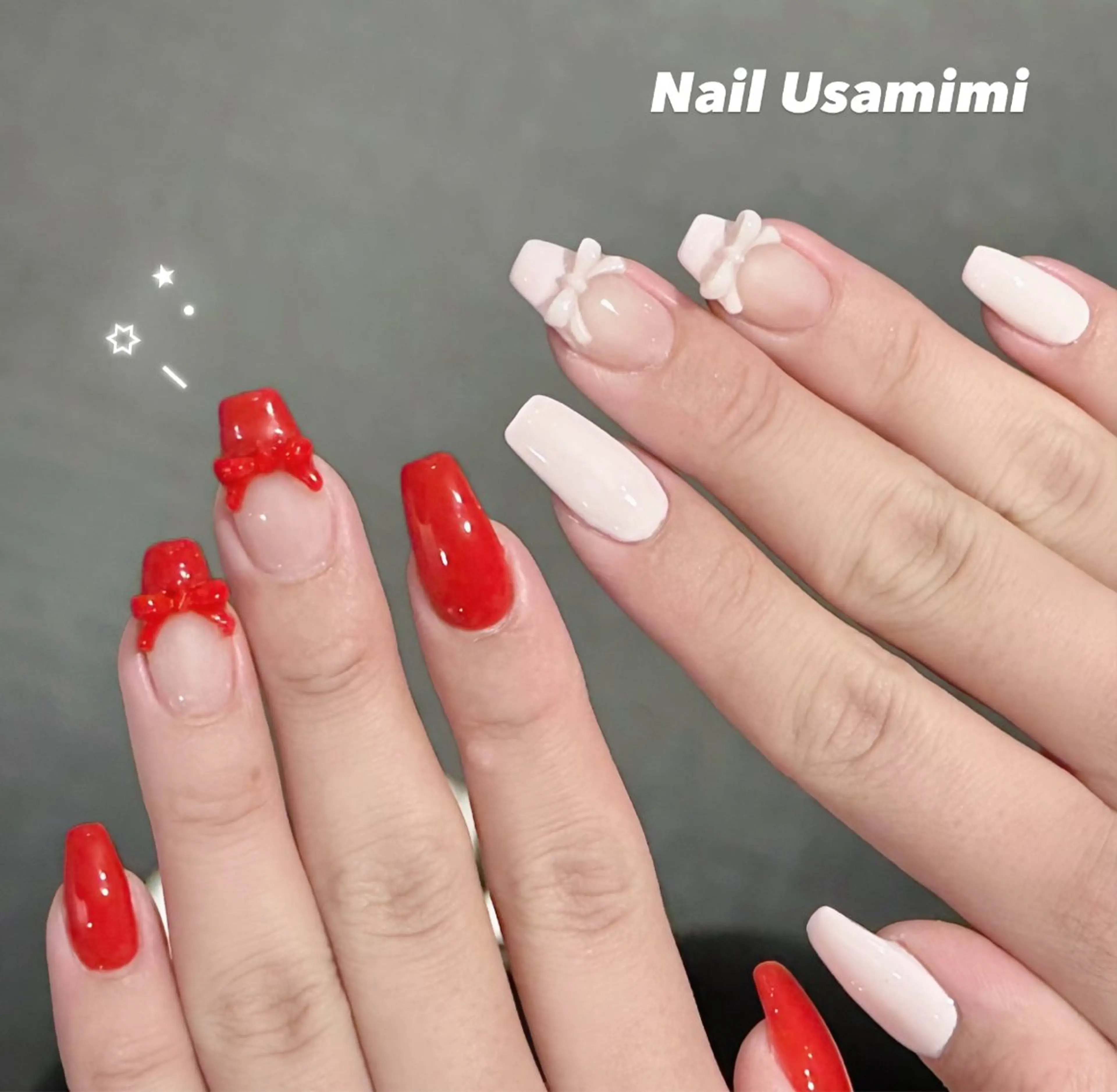 ネイル フレンチネイル ピンク 赤色 リボン ハンドネイル 本町NailUsaM imi MOMOKAのネイルデザイン