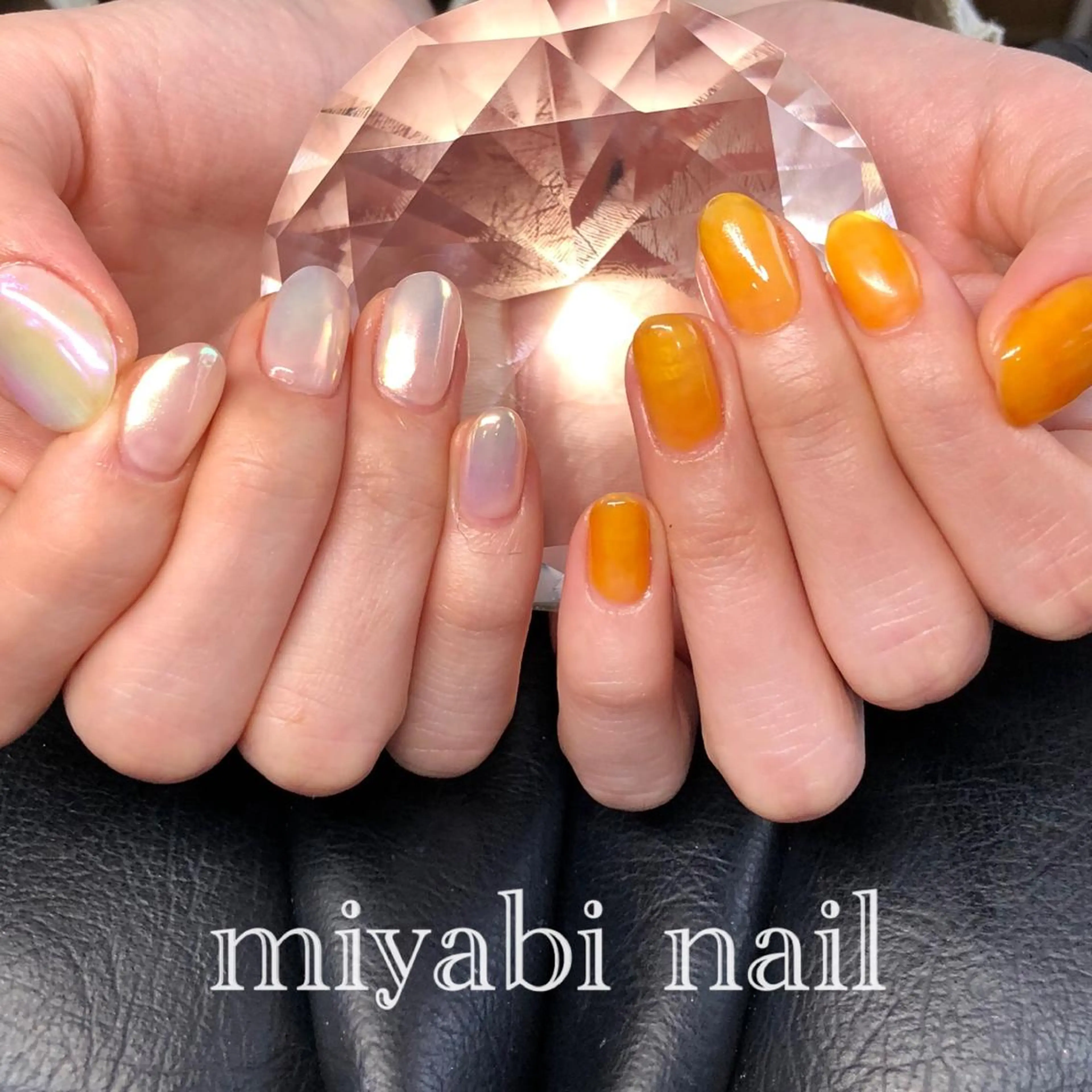 ネイル オーロラネイル ブルー クリアネイル グリーン ミラーネイル ハンドネイル miyabi nail 桂川駅近くのネイルデザイン