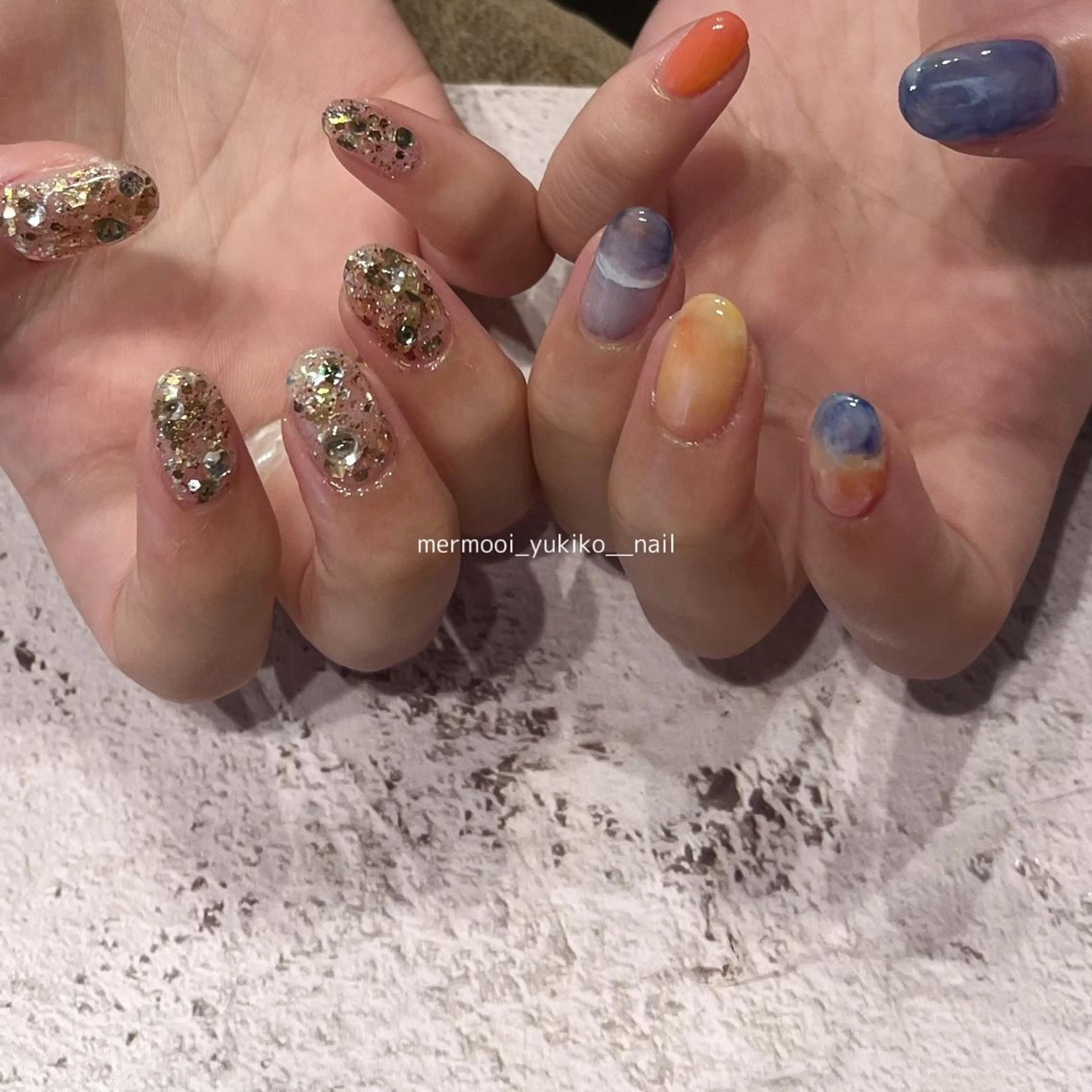 ネイル アートネイル クリアネイル キラキラネイル ラメ(グリッター) 大理石ネイル(マーブル) ハンドネイル melumooi nailのネイルデザイン