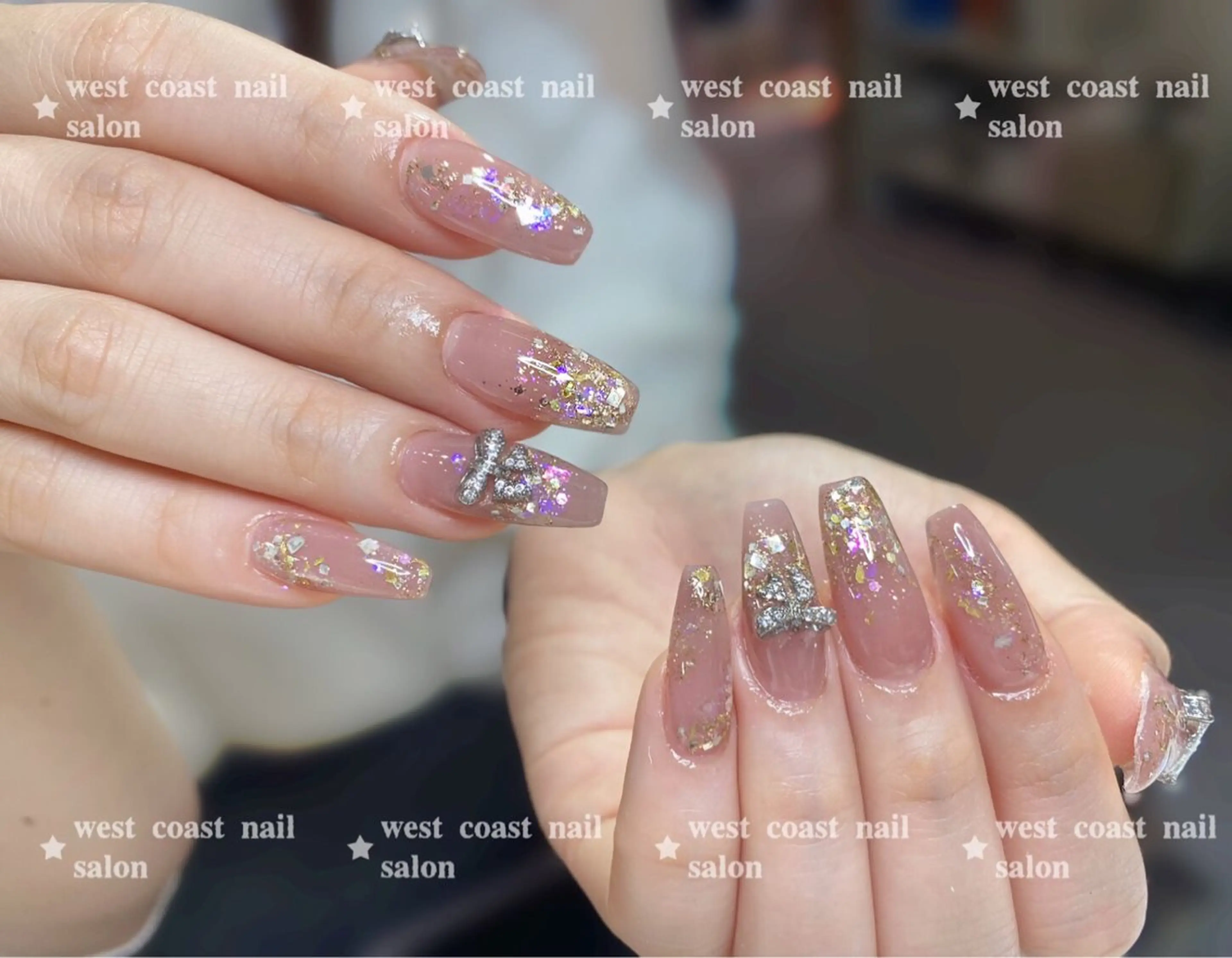 ネイル フレンチネイル キラキラネイル 韓国ネイル ラメ(グリッター) マグネットネイル リボン、ガーリー パーツ放題専門店のネイルデザイン