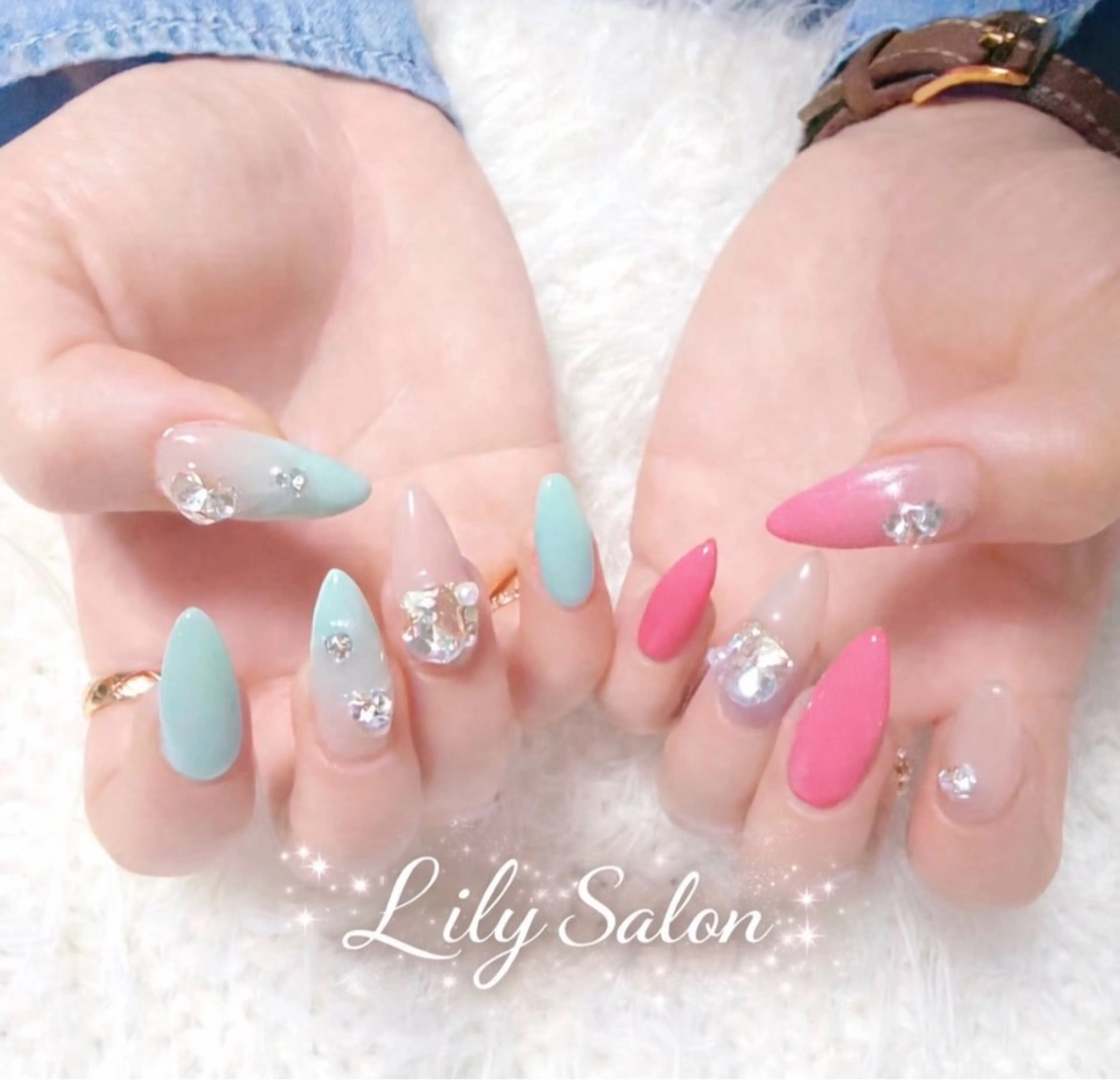 ネイル ピンク 春ネイル ストーンネイル lily salonのネイルデザイン