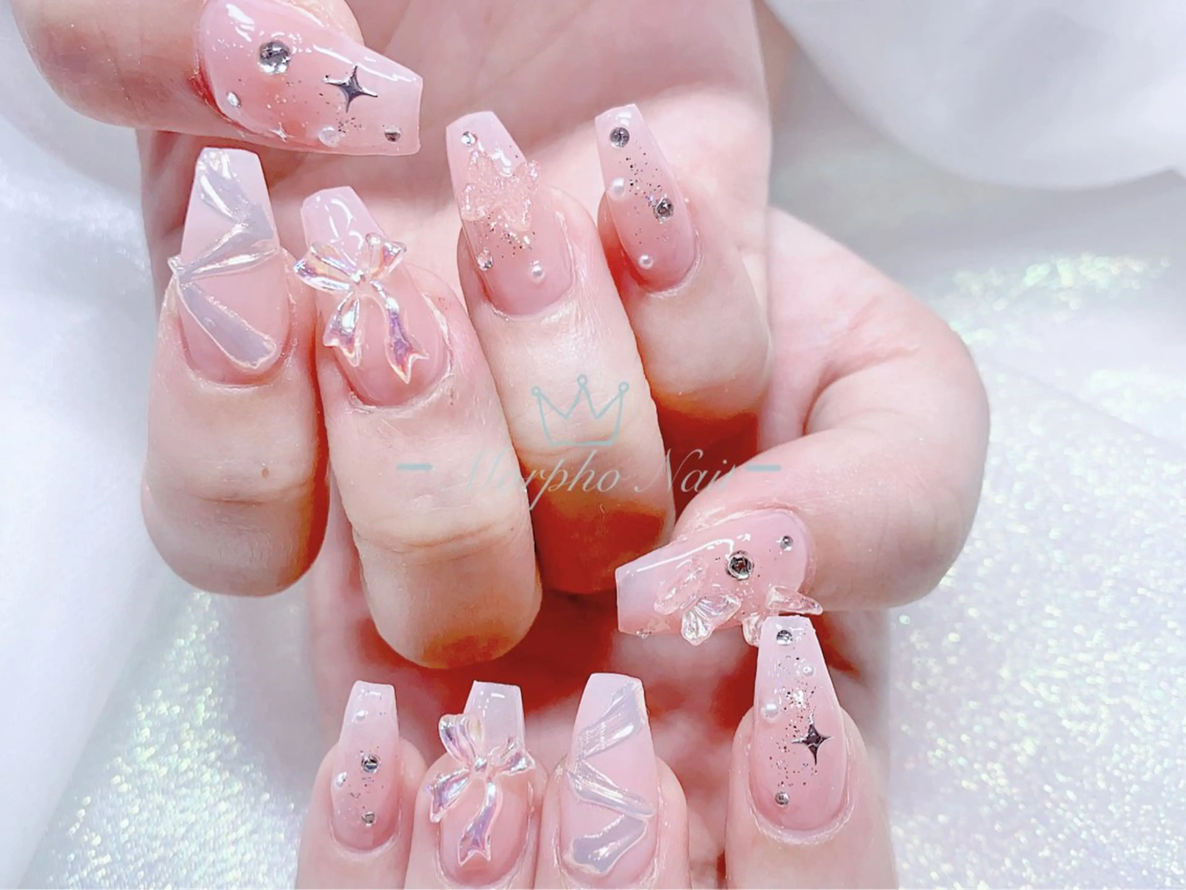 ネイル 長さ出し ジェルネイル キラキラネイル 大理石ネイル(マーブル) ニュアンスネイル ハンドネイル Morpho nailのネイルデザイン