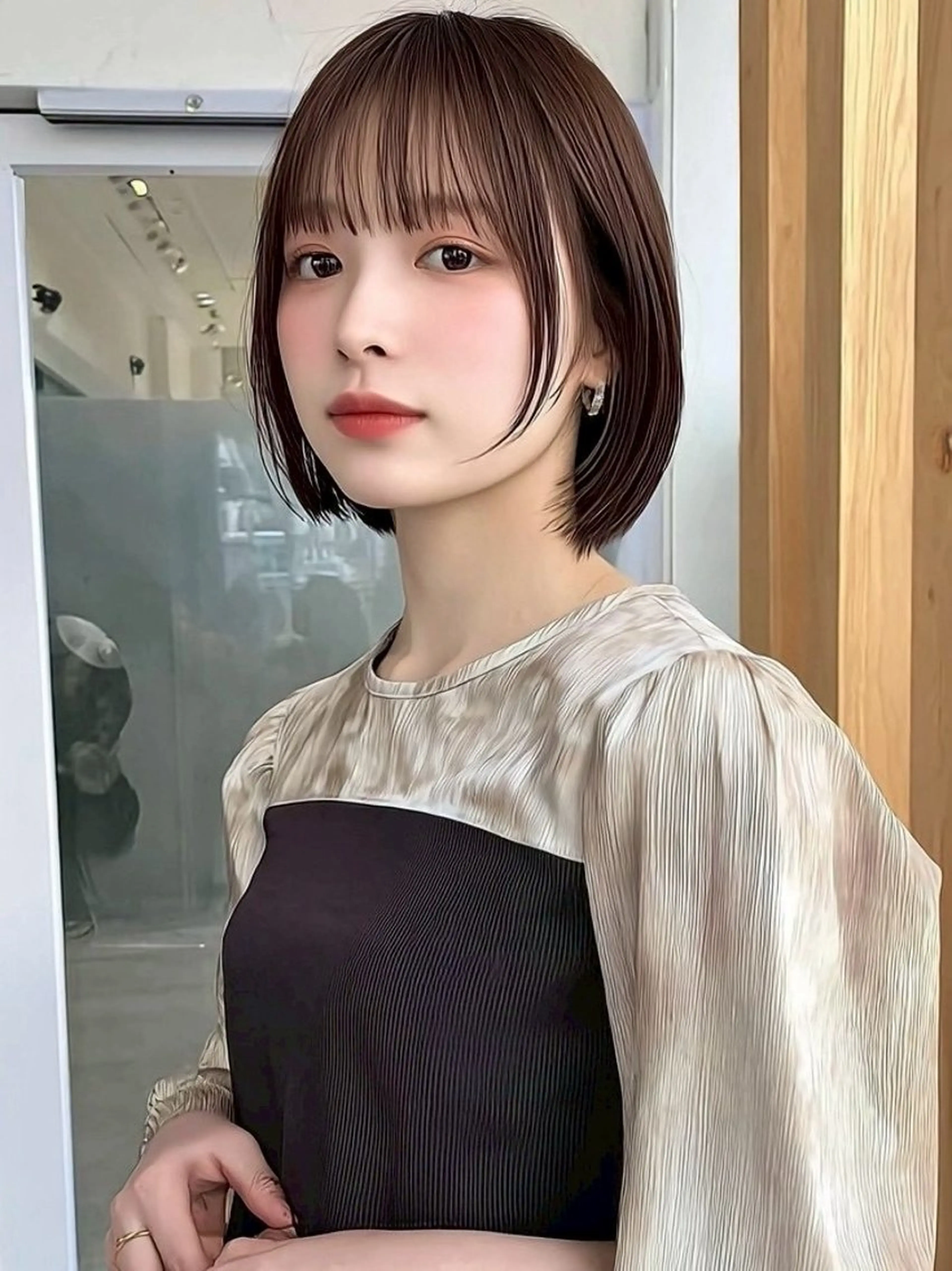 ミディアム ボブレイヤー ボブ 顔まわりレイヤー 韓国風ヘア レイヤーカット 岡田 望愛🫧のヘアスタイル