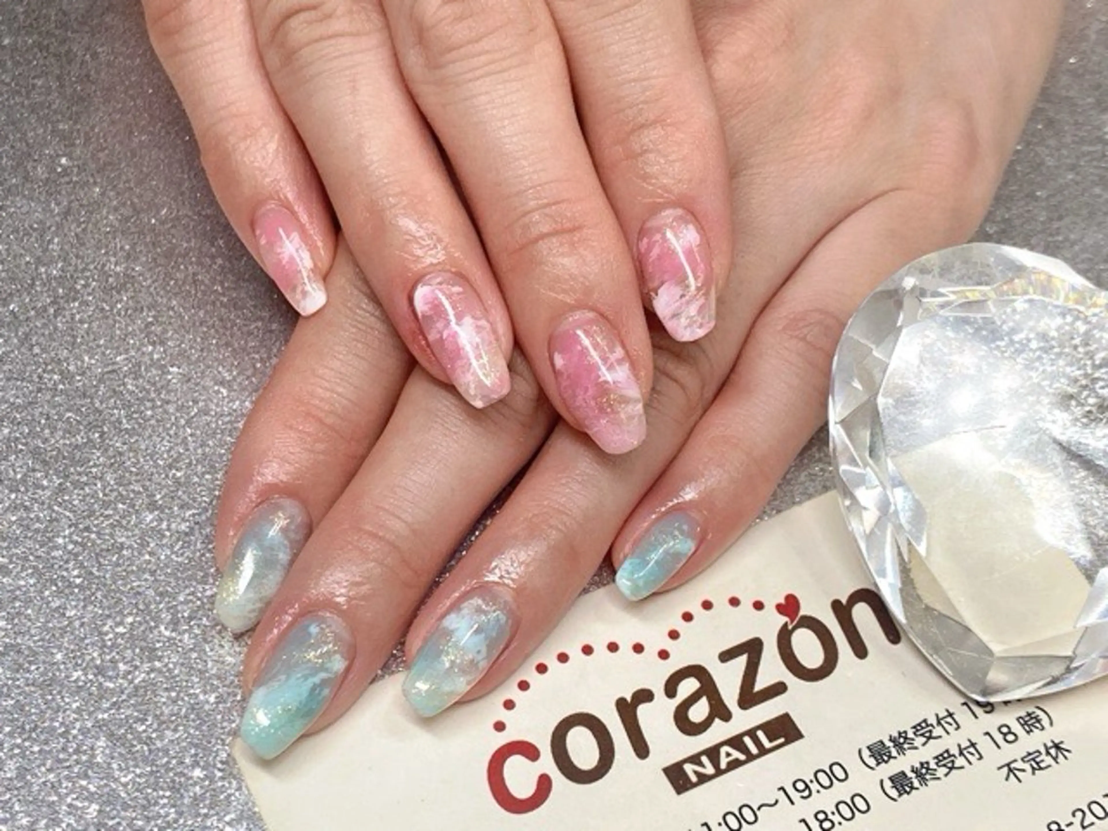 ネイル クリアネイル 水色 大理石ネイル(マーブル) ピンク corazon所属・ネイリスト aicoのネイルデザイン