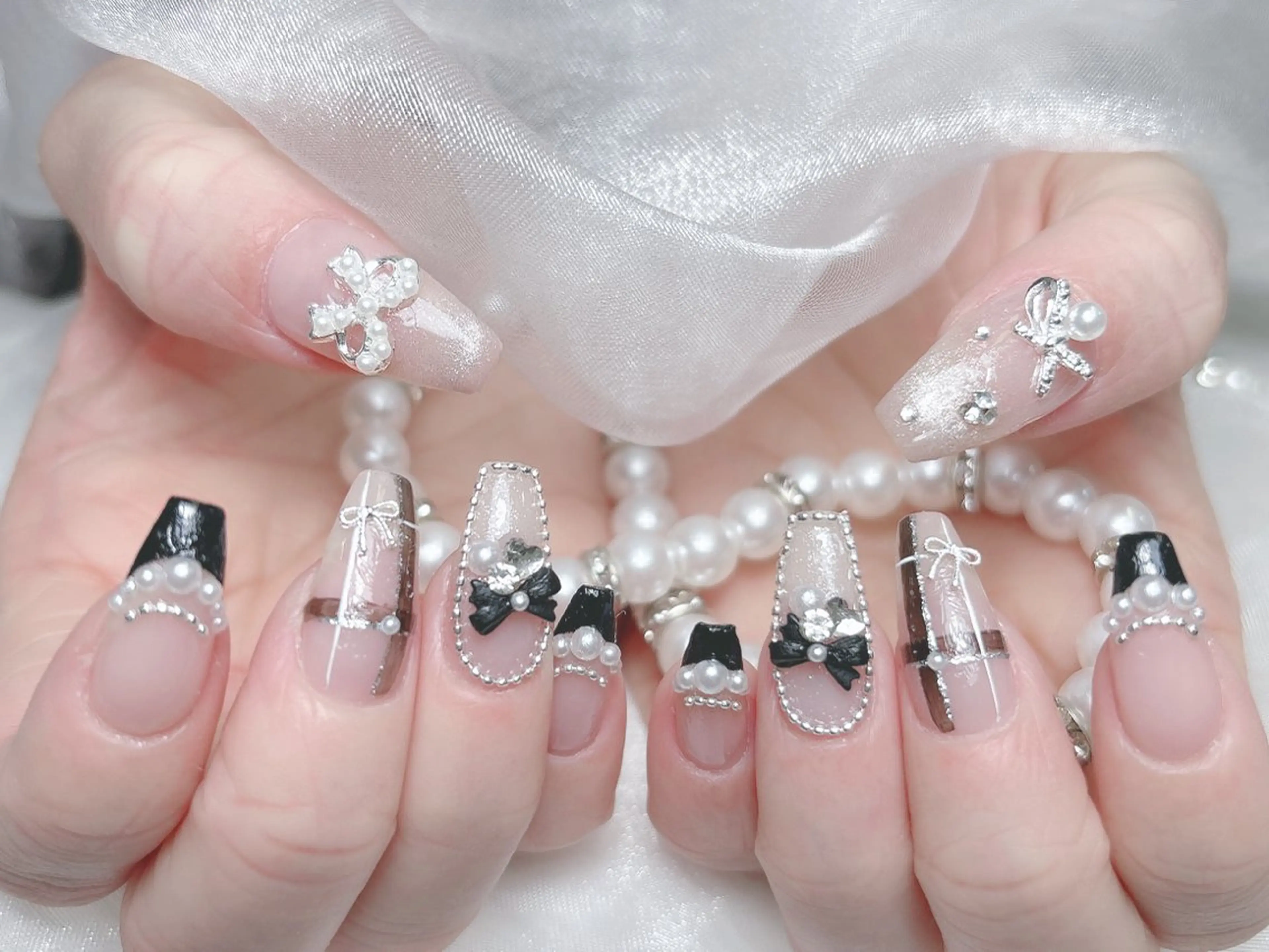 ネイル 成人式 キラキラネイル 大理石ネイル(マーブル) スカルプネイル 夏ネイル ハンドネイル MoMoA Nail ネイル長さ出し専門店のネイルデザイン