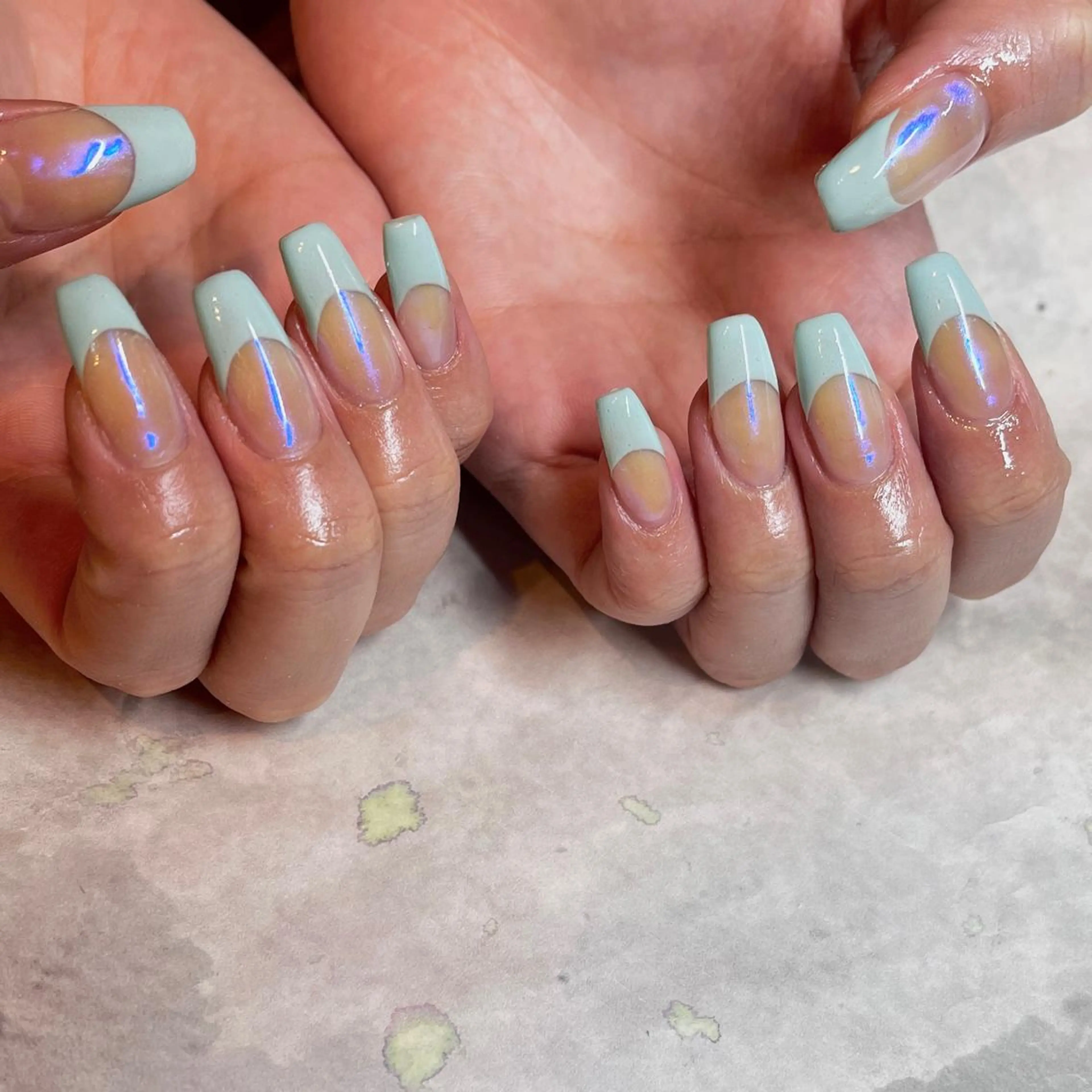 ネイル ブルー フレンチネイル ミラーネイル 夏ネイル フリーランス¨̮⃝ ネイリストOKADAのネイルデザイン