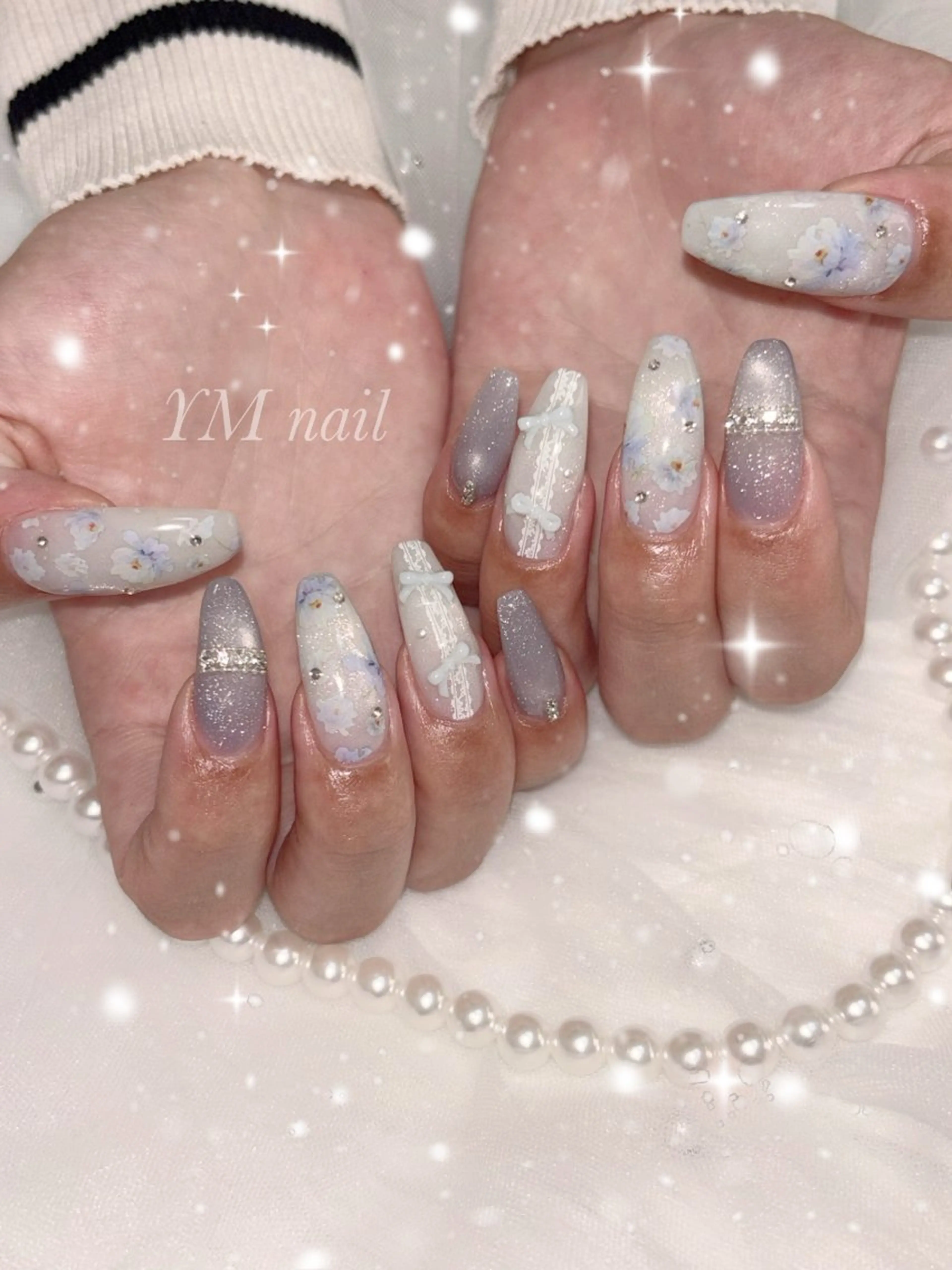 ネイル フラッシュネイル フラワーネイル レース マグネットネイル リボン ハンドネイル YM nailのネイルデザイン
