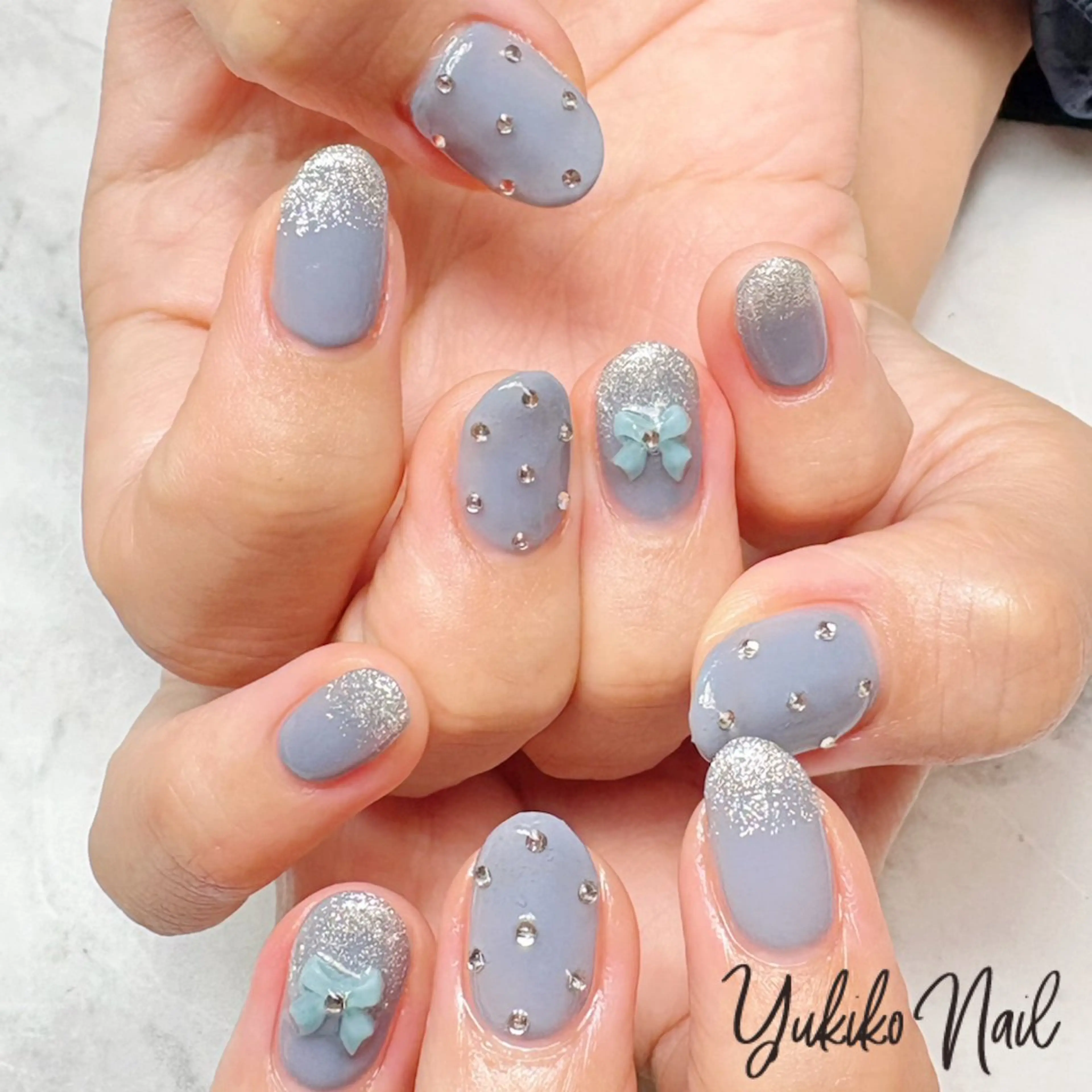 ネイル ブルー ガーリー 韓国ネイル リボン ワンホンネイル ハンドネイル ユキコ ネイルのネイルデザイン