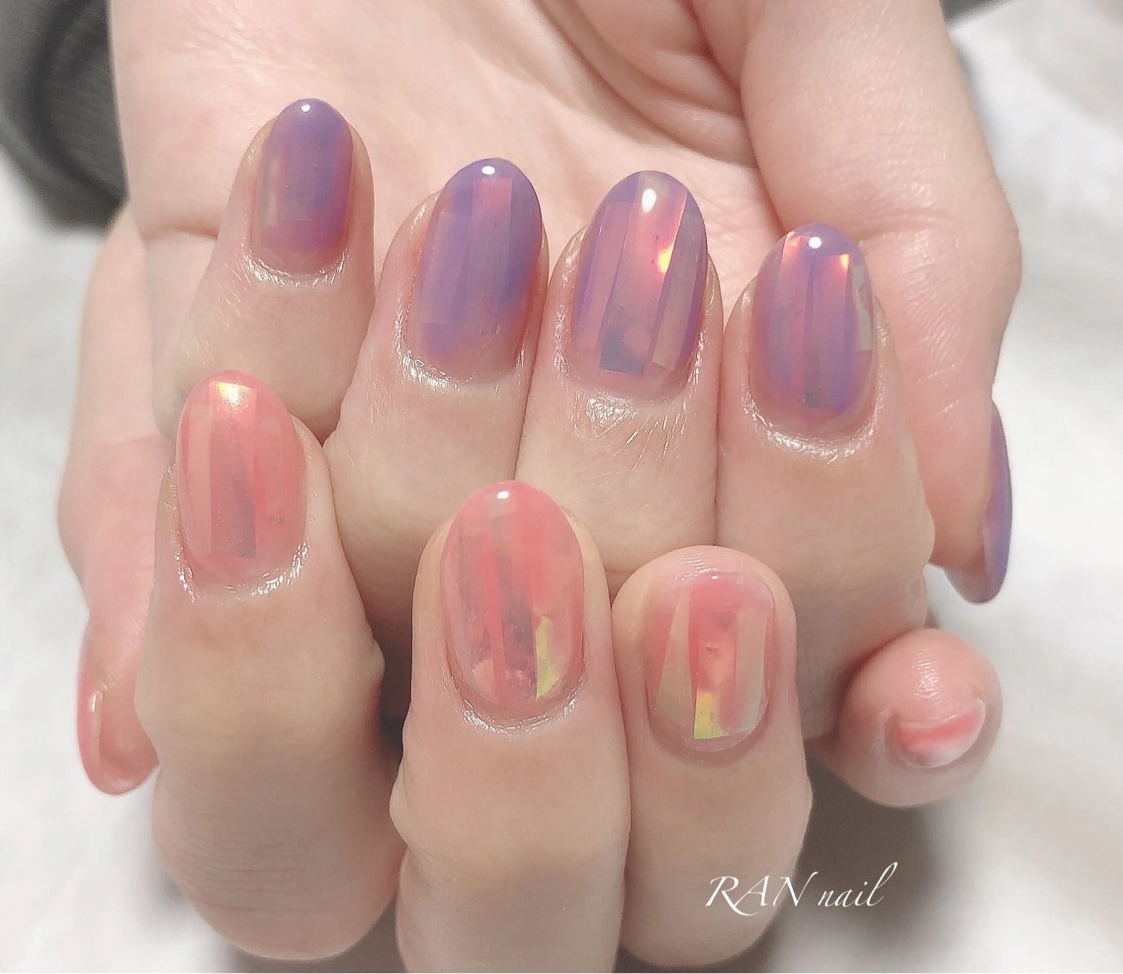 ネイル オーロラネイル 成人式 氷ネイル・うるうるネイル ピンク パープル RAN nailのネイルデザイン