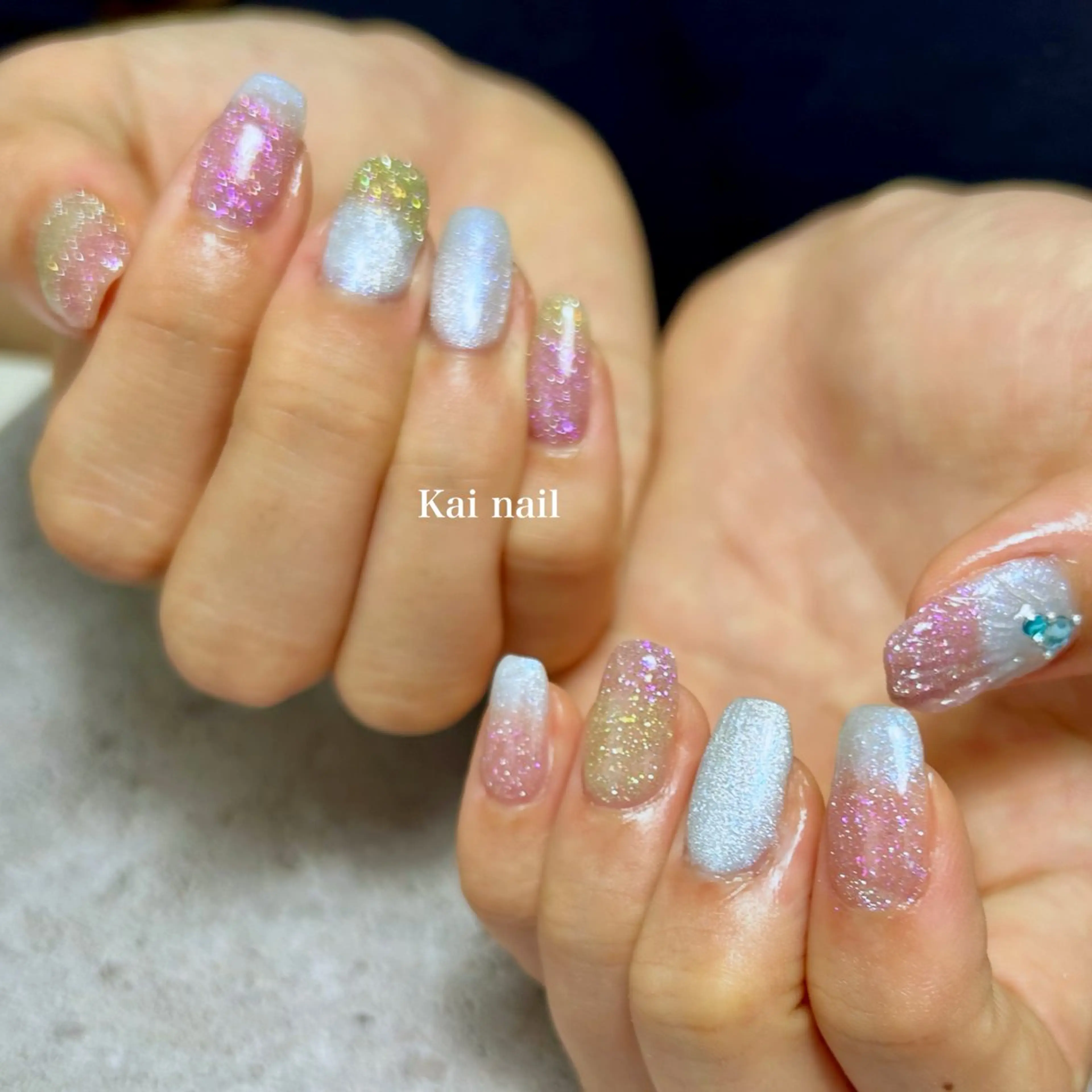 ネイル オーロラネイル チークネイル フラワーネイル ガーリー 韓国ネイル ハンドネイル Kai  nail Mayukoのネイルデザイン