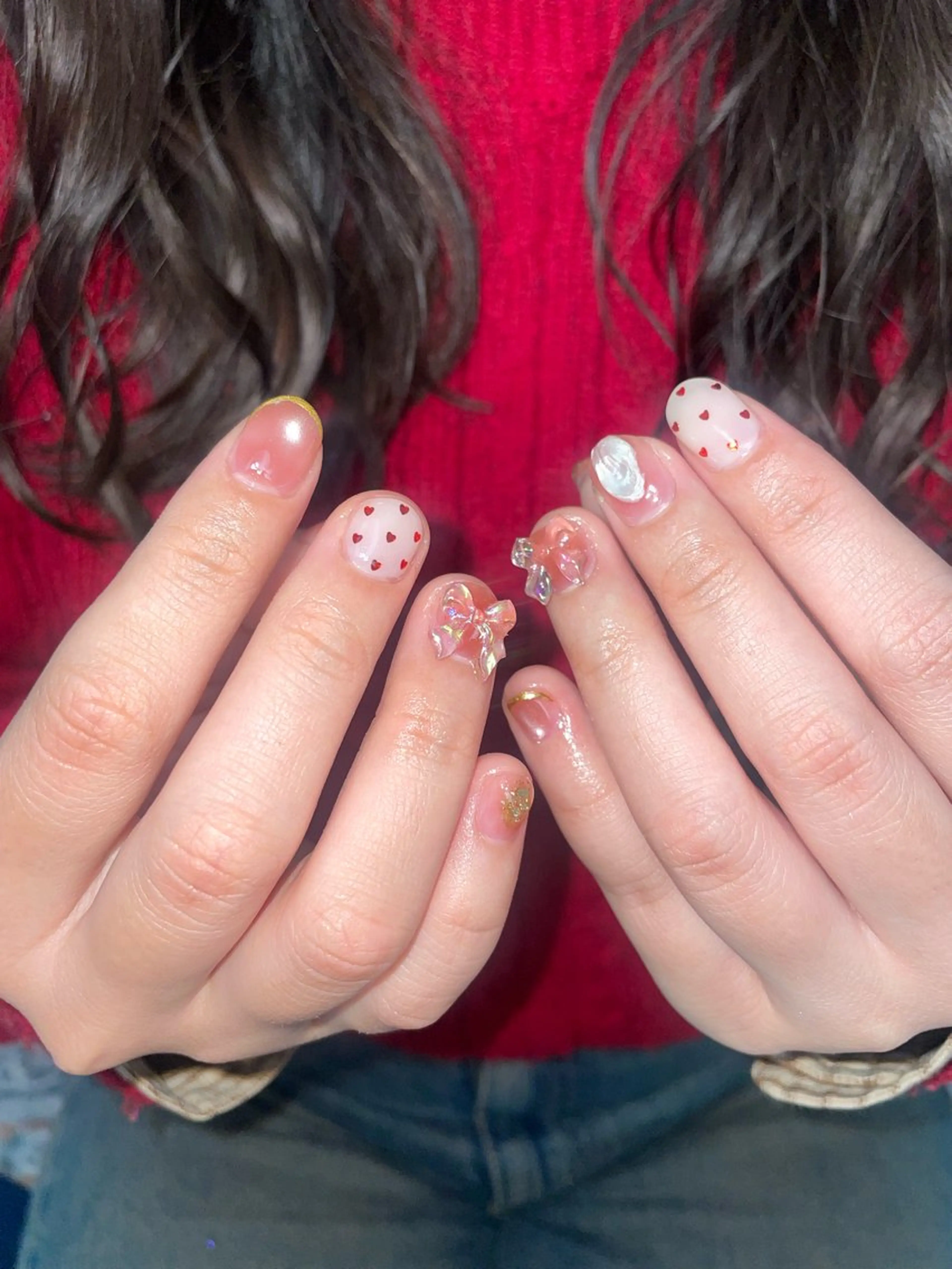ネイル ドット ガーリー ハート キラキラネイル 韓国ネイル ハンドネイル miinail miyuuのネイルデザイン