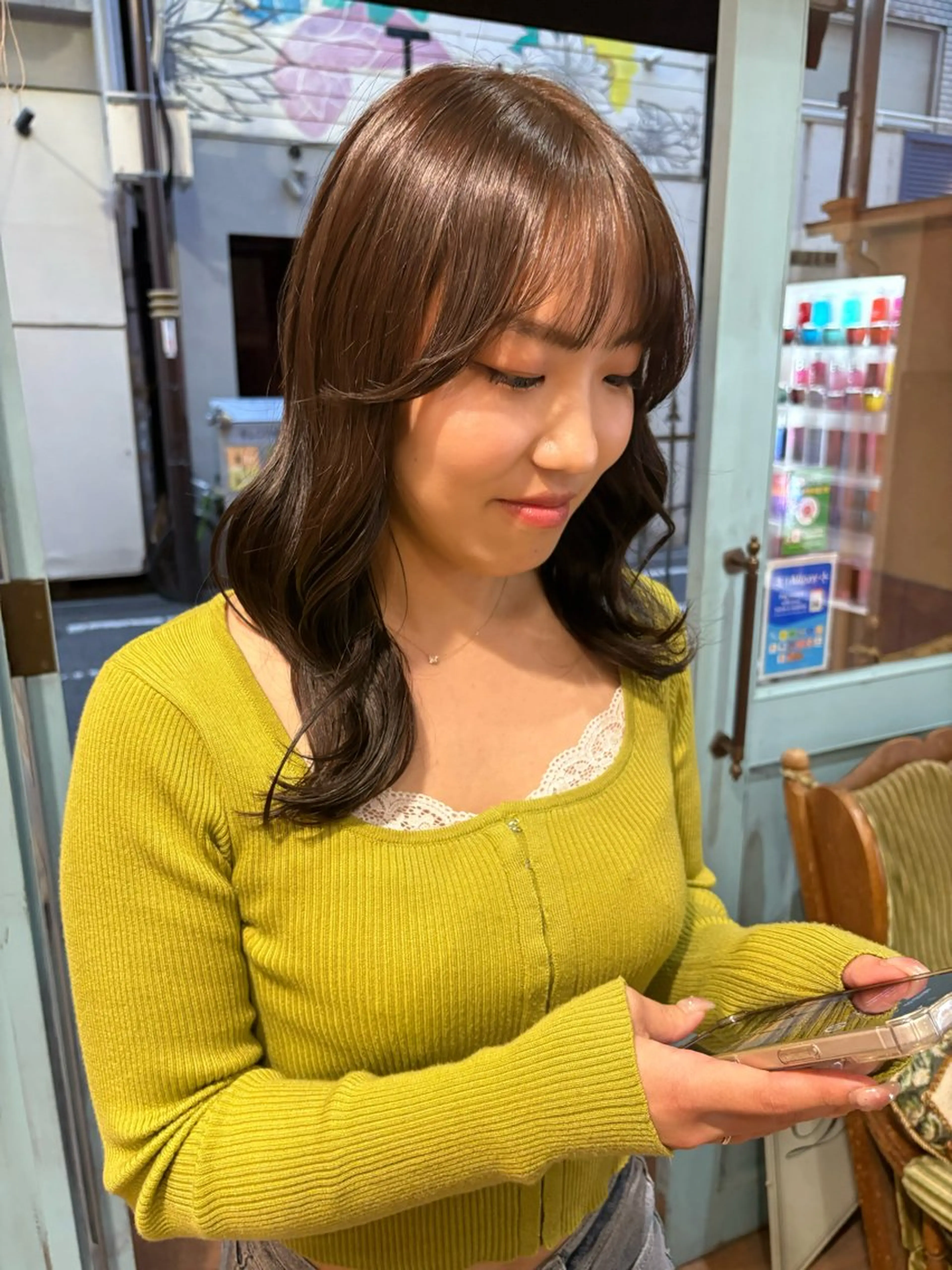 セミロング カラー ブラウンカラー オリーブブラウン ヘアカラー トリートメント なぎさ 🎀  / 透明感カラー/心斎橋のヘアスタイル