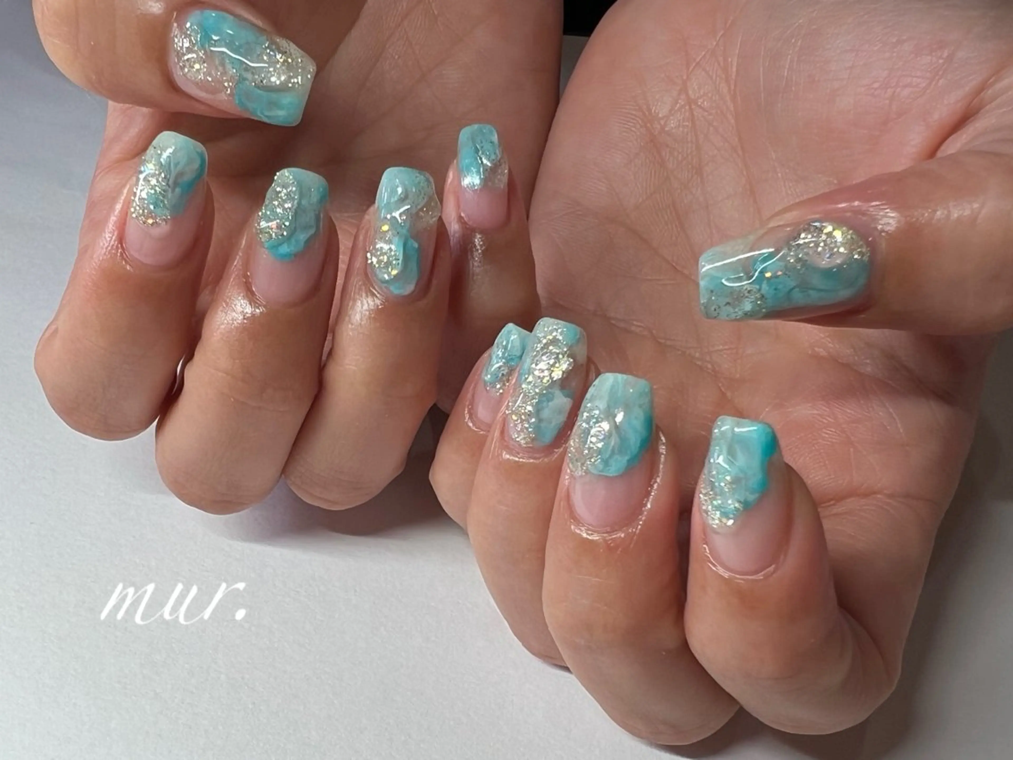 ネイル ブルー ジェルネイル ラメ(グリッター) ニュアンスネイル ぷっくりネイル nailsalon mur.のネイルデザイン