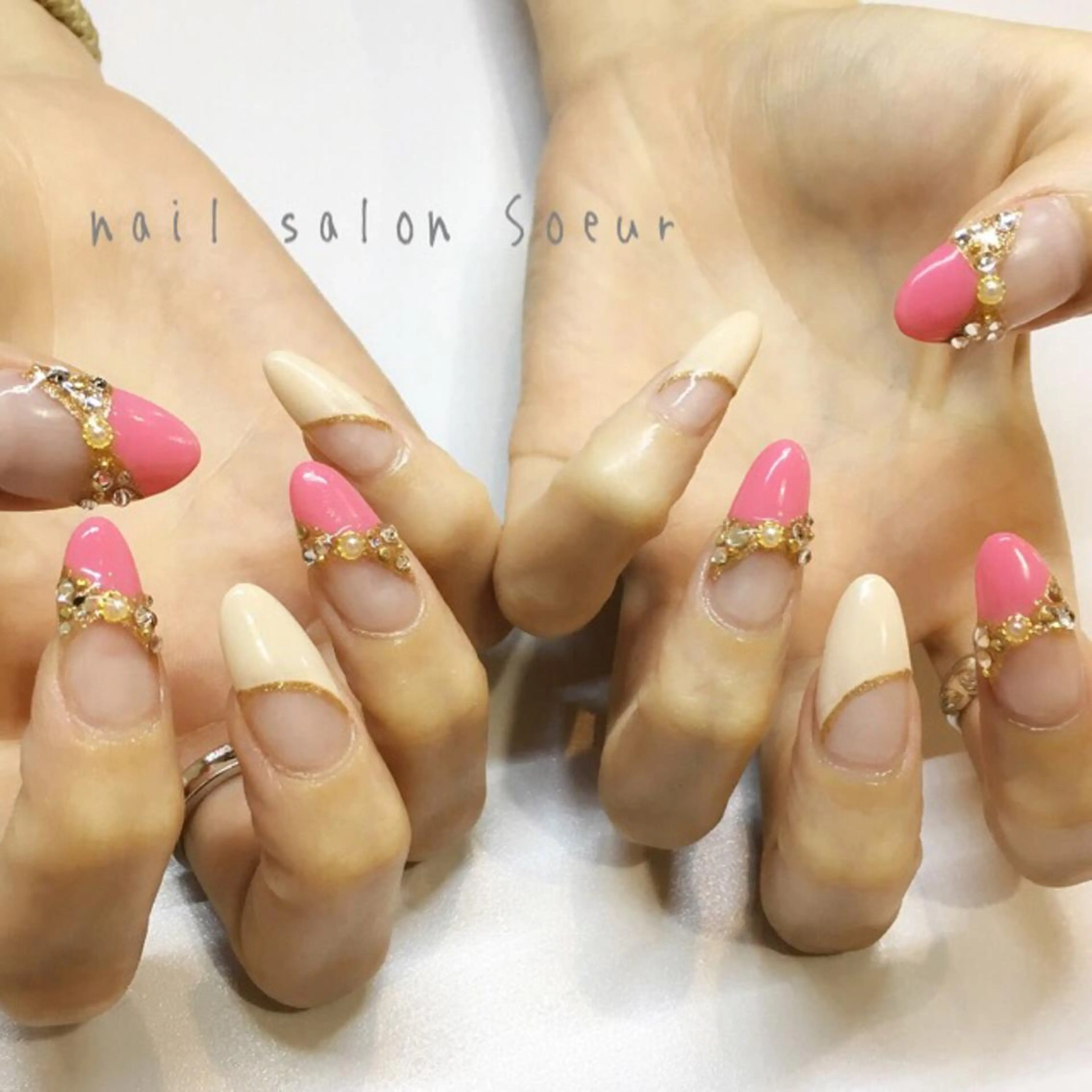 ネイル フレンチネイル 持ち込み ピンク リボン スカルプネイル ハンドネイル nail salon Soeurのネイルデザイン