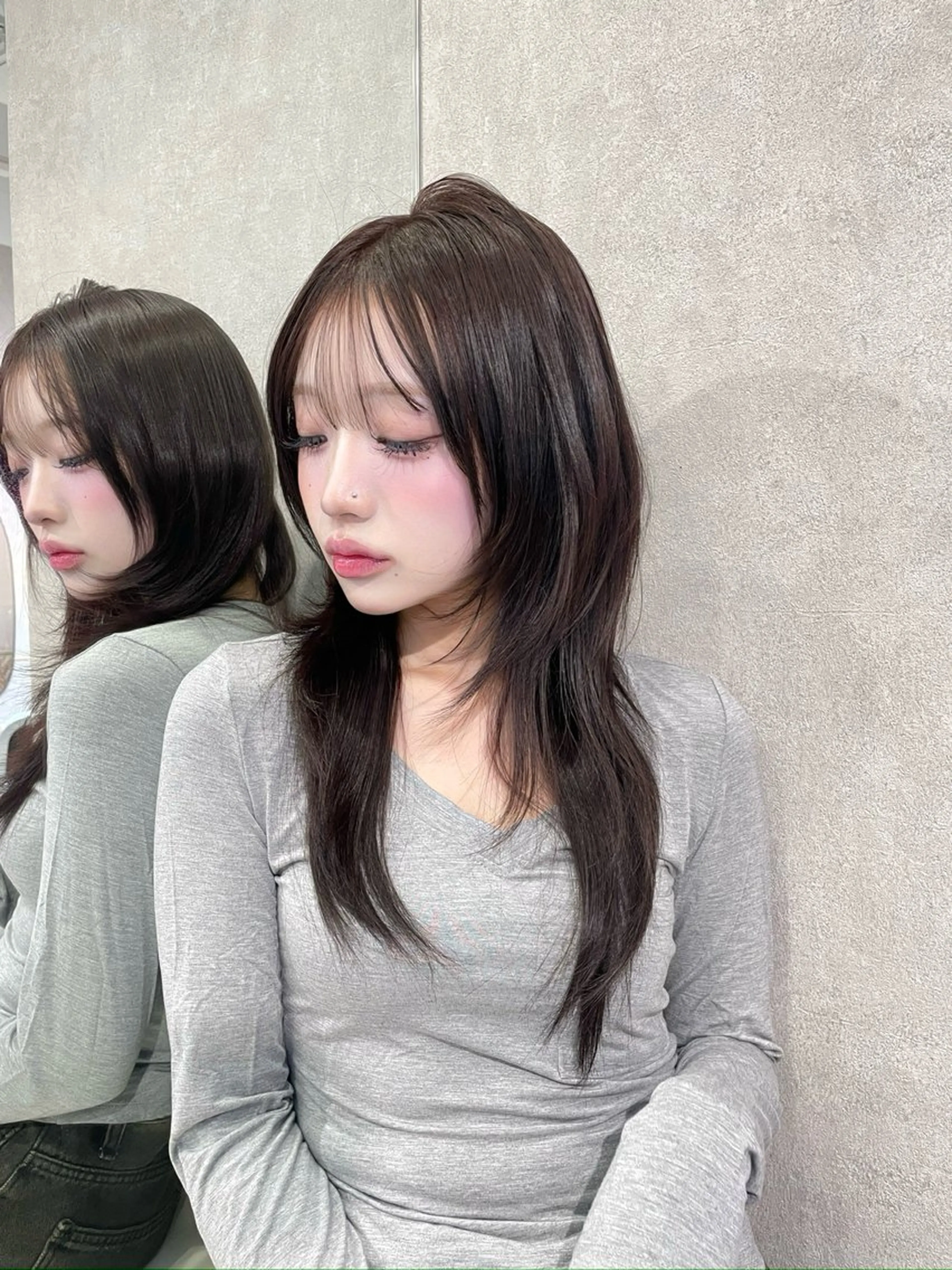セミロング カラー ハッシュカット 韓国風ヘア ウルフカット カット ヘアカラー トリートメント ハッシュカット/ 艶カラー/RIN🩶のヘアスタイル